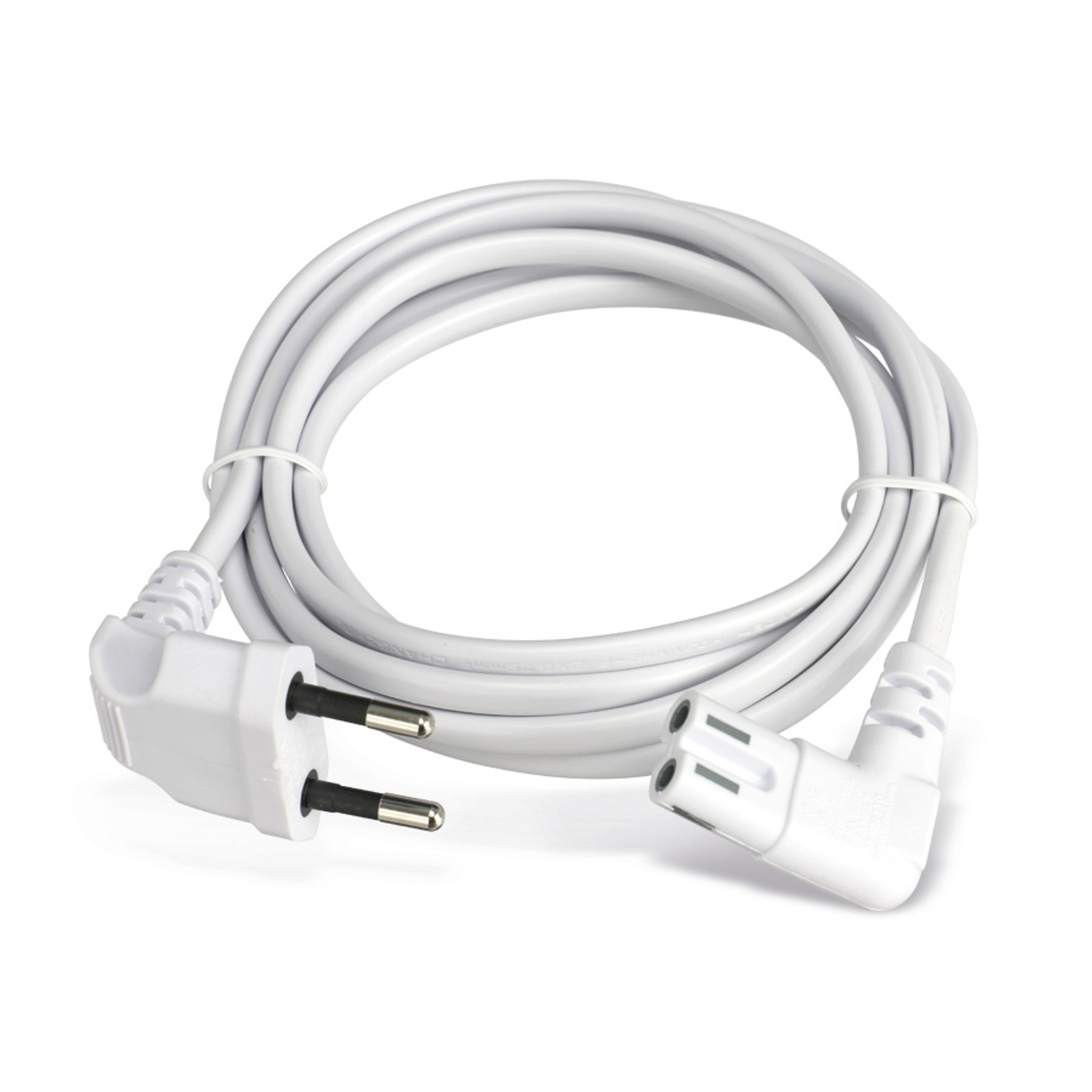 Cable de alimentación blanco con dos enchufes sobre fondo blanco.