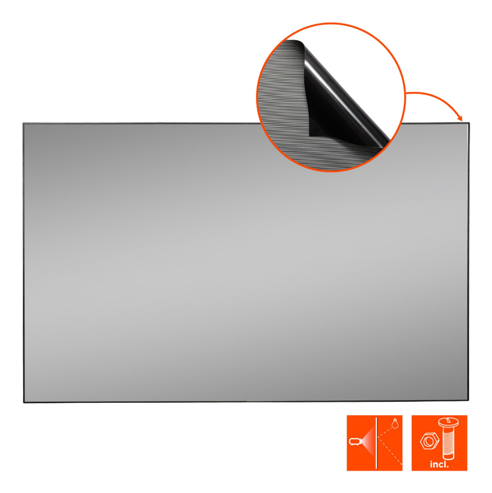 Eine rechteckige, silberne, reflektierende Oberfläche mit einer abgezogenen Ecke.