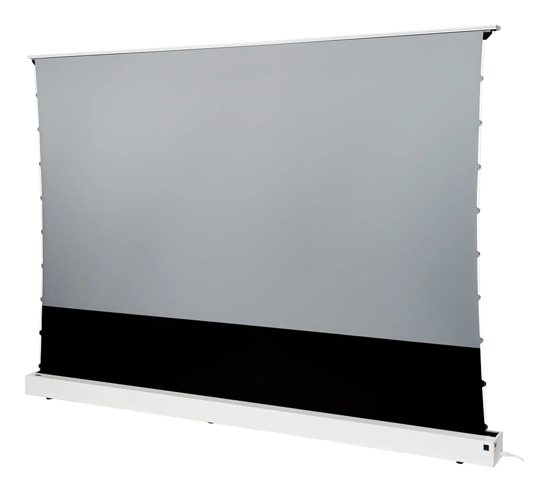 Projektorleinwand mit grauem Bildschirm und schwarzem Rand. Weißer Rahmen und Hintergrund.