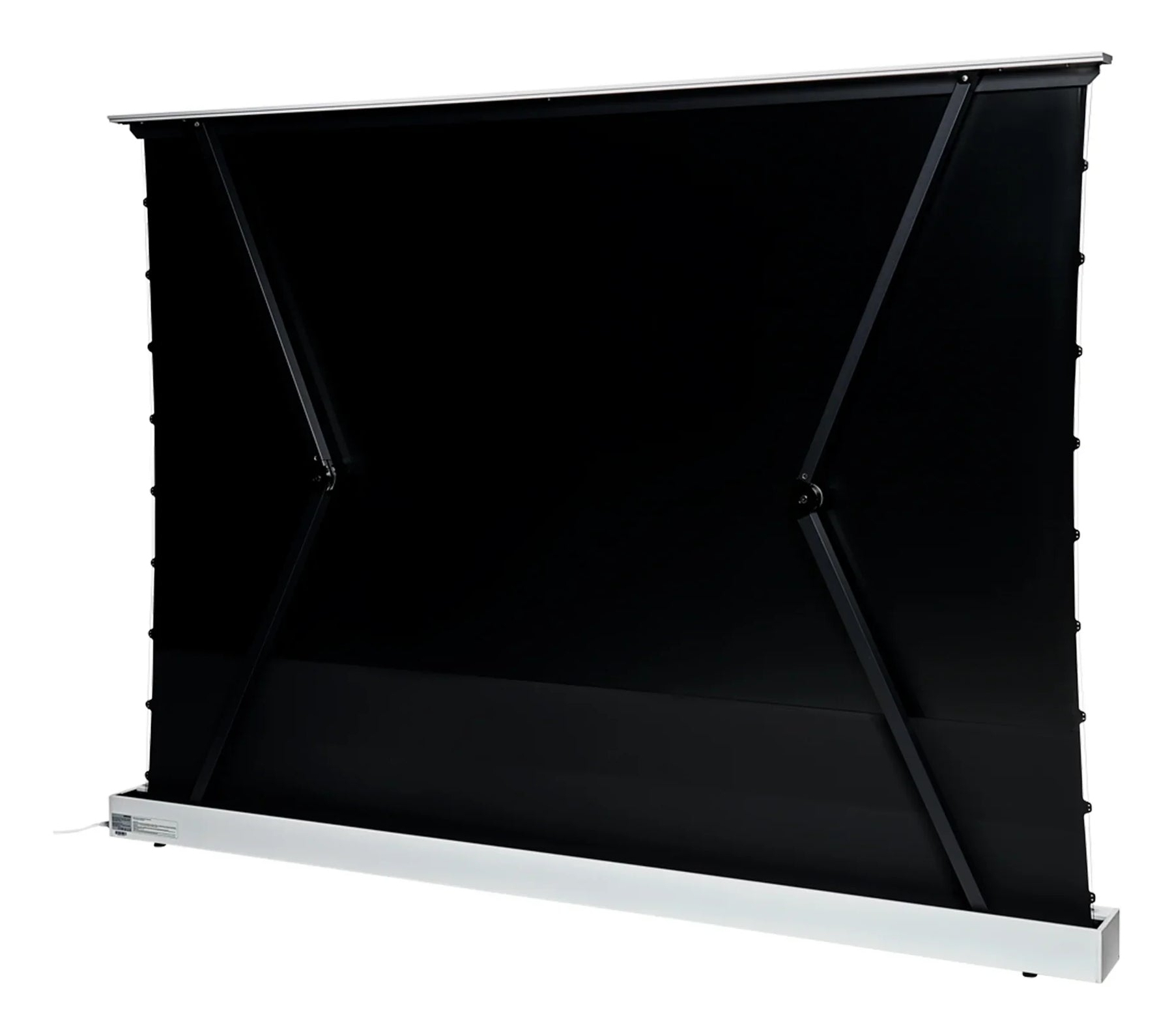 Schwarze ausziehbare Projektorleinwand mit silbernem Rahmen. Weißer Hintergrund.