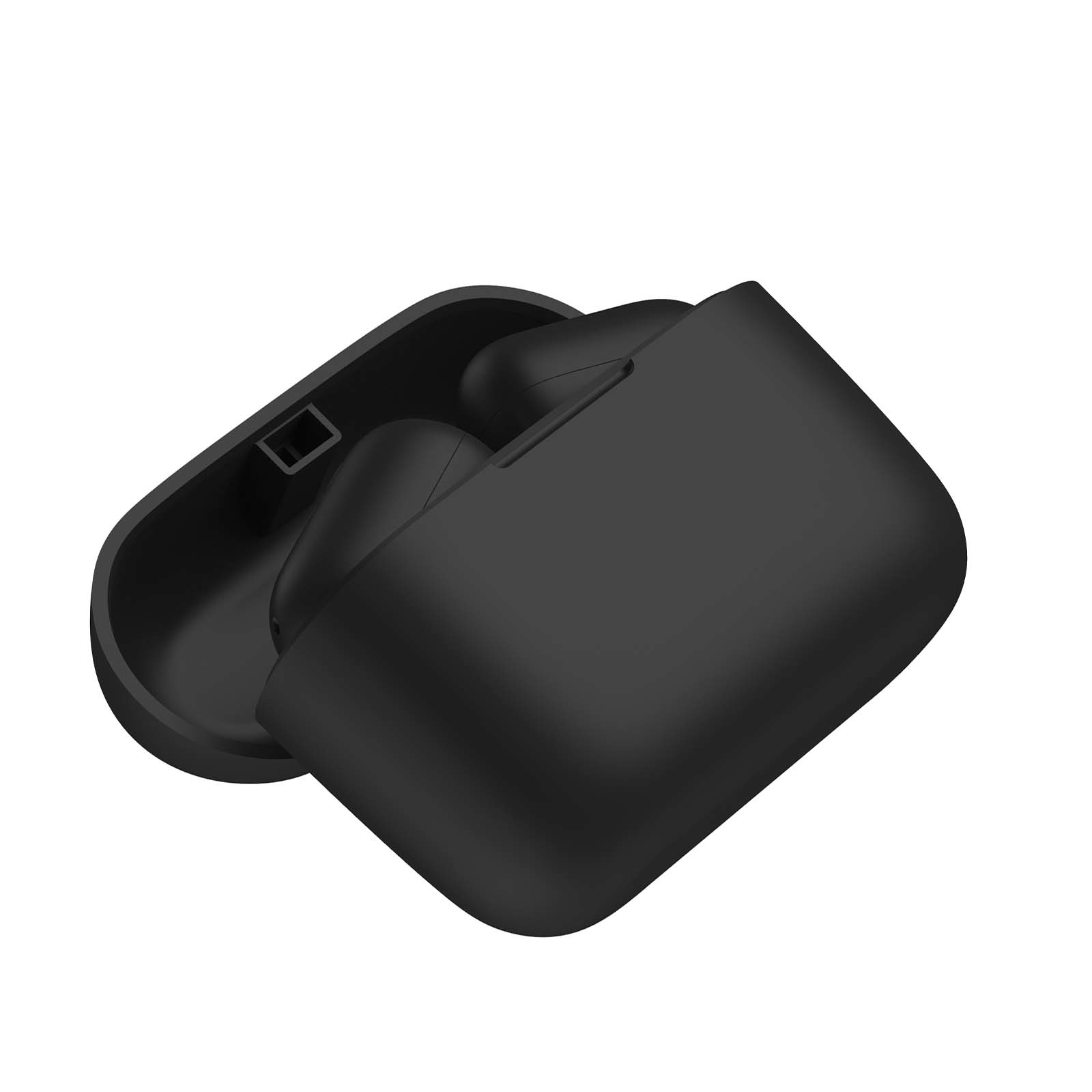 Czarne słuchawki w czarnym etui ładującym, otwarte. Białe tło.