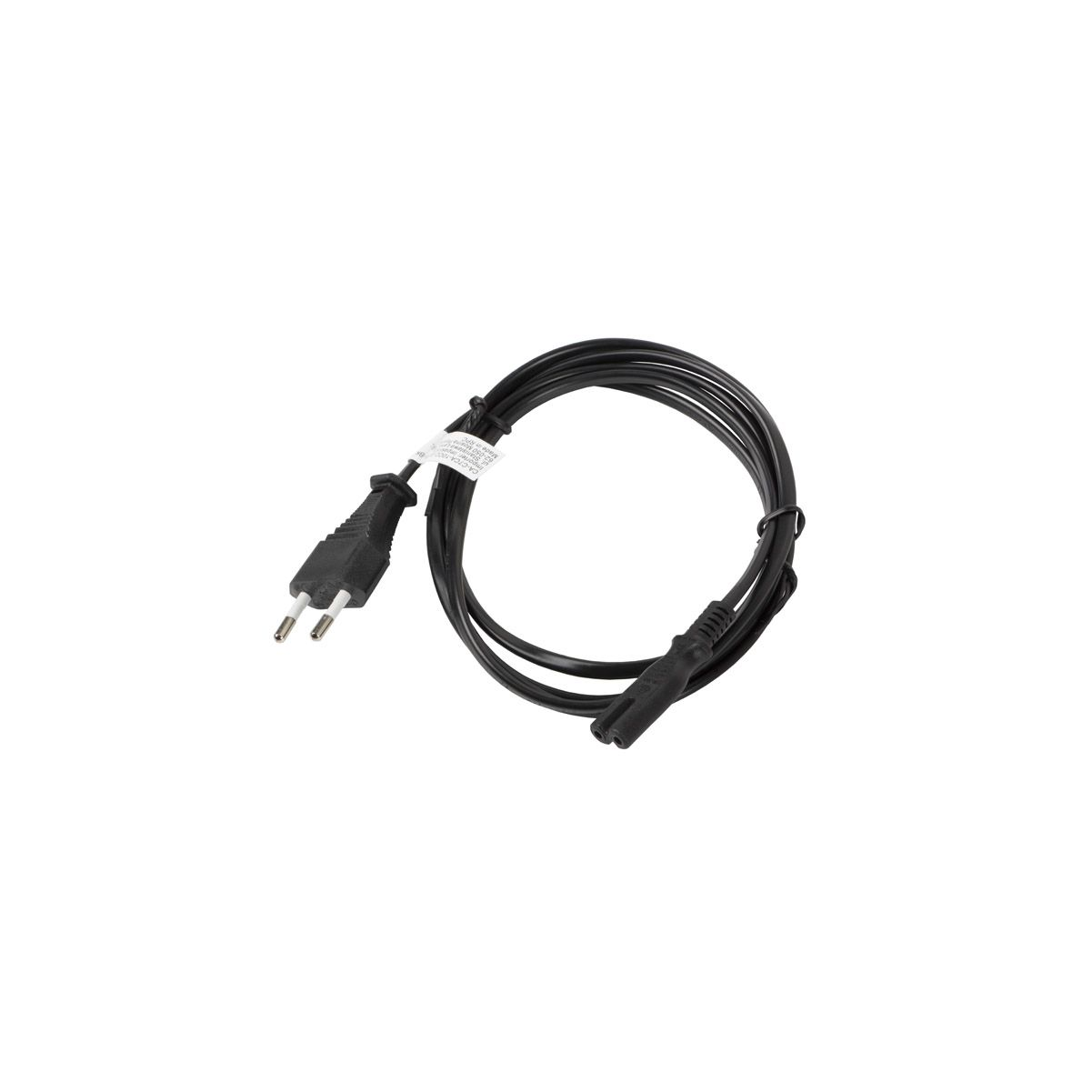 Czarny kabel zasilający z wtyczką dwupinową i złączem na białym tle.