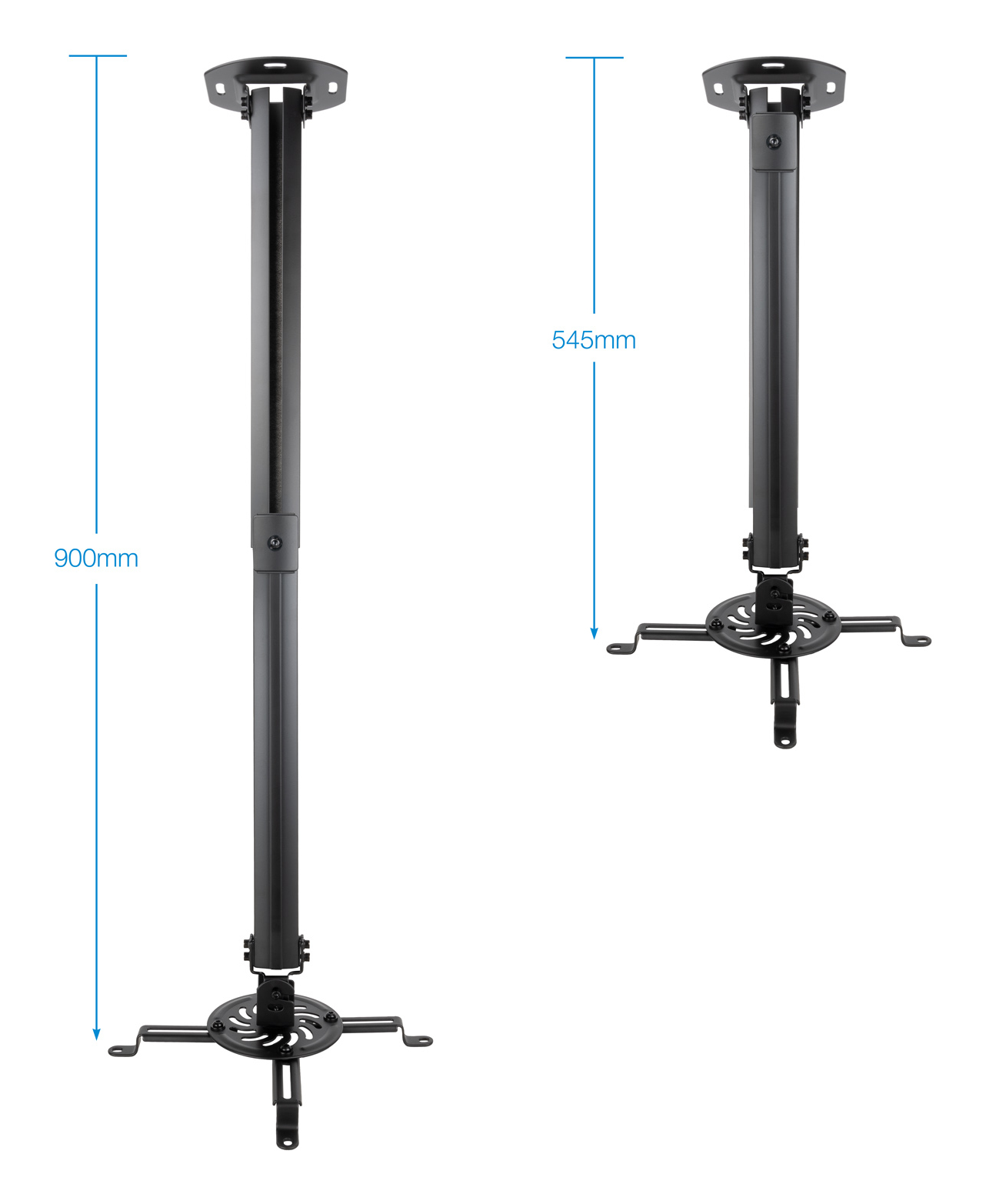 Dwa czarne uchwyty sufitowe do projektora. Jeden wysunięty, drugi schowany.