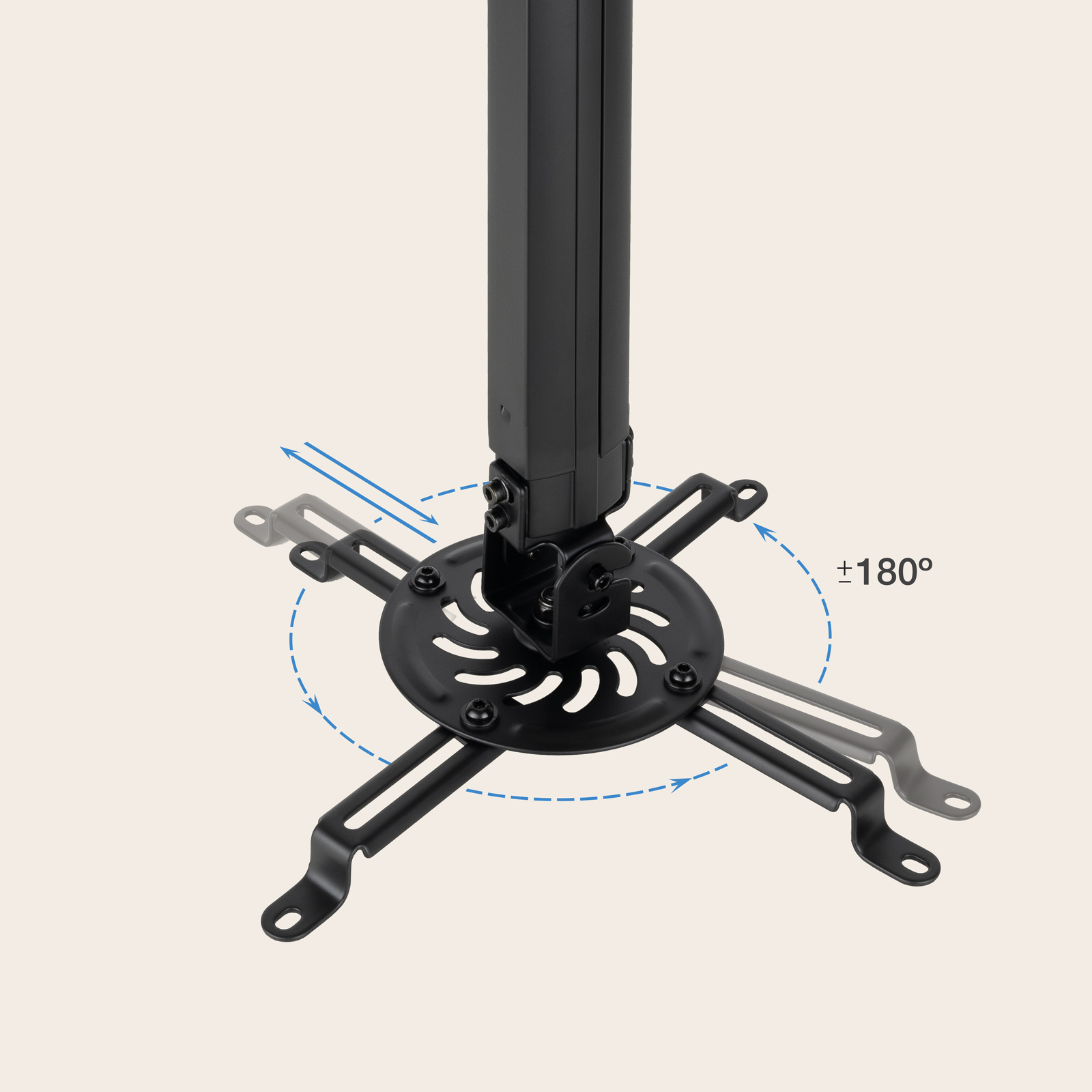 Czarny uchwyt projektora pokazujący zakres obrotu ze strzałkami i okrągłą płytą.