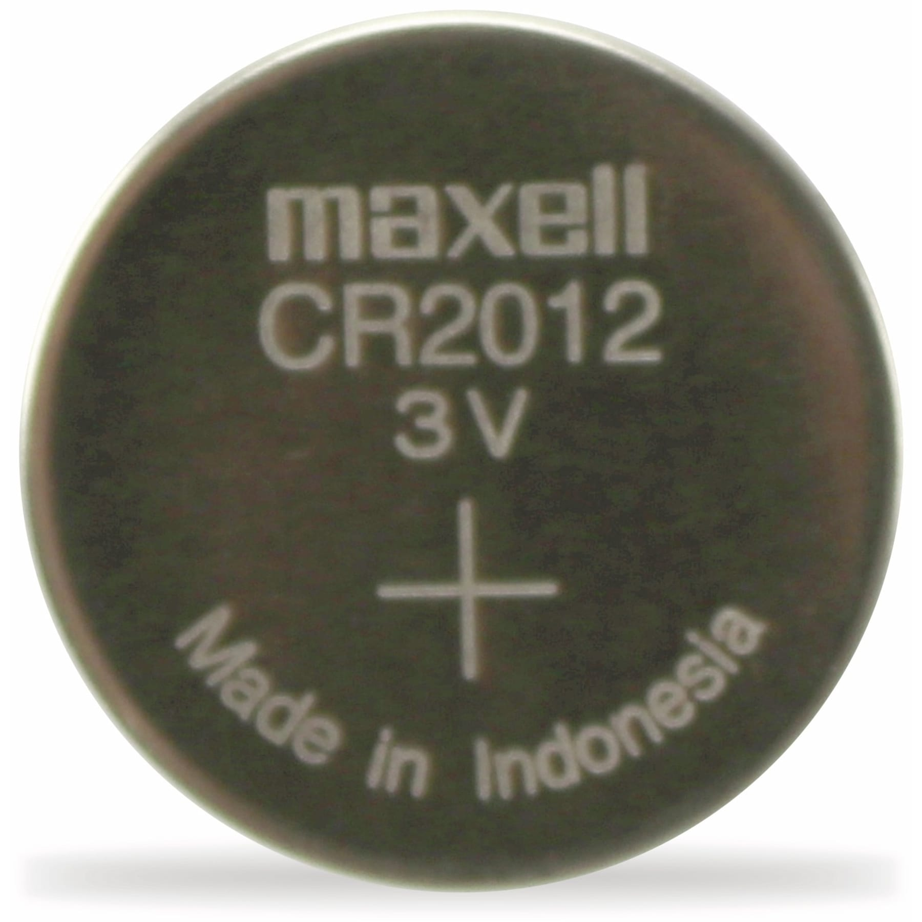 Bateria Maxell CR2012 3V, srebrna, z widocznym tekstem i symbolem plusa.