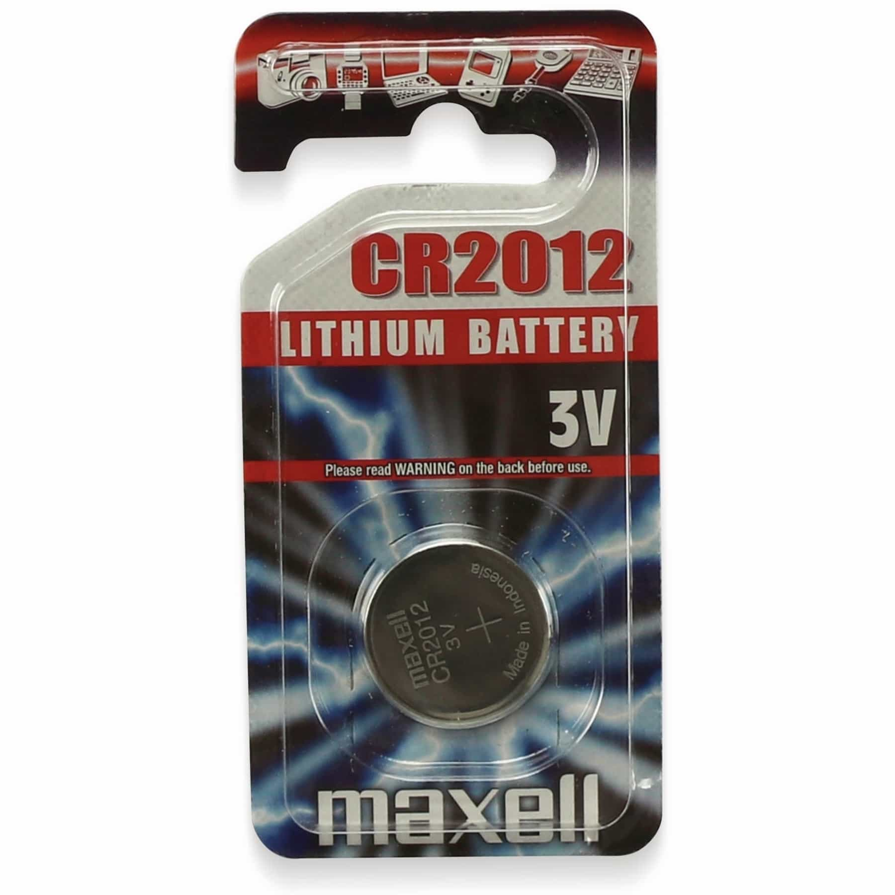 Bateria Maxell CR2012 w plastikowym blistrze, z tekstem ostrzegawczym i niebiesko-białym wzorem.