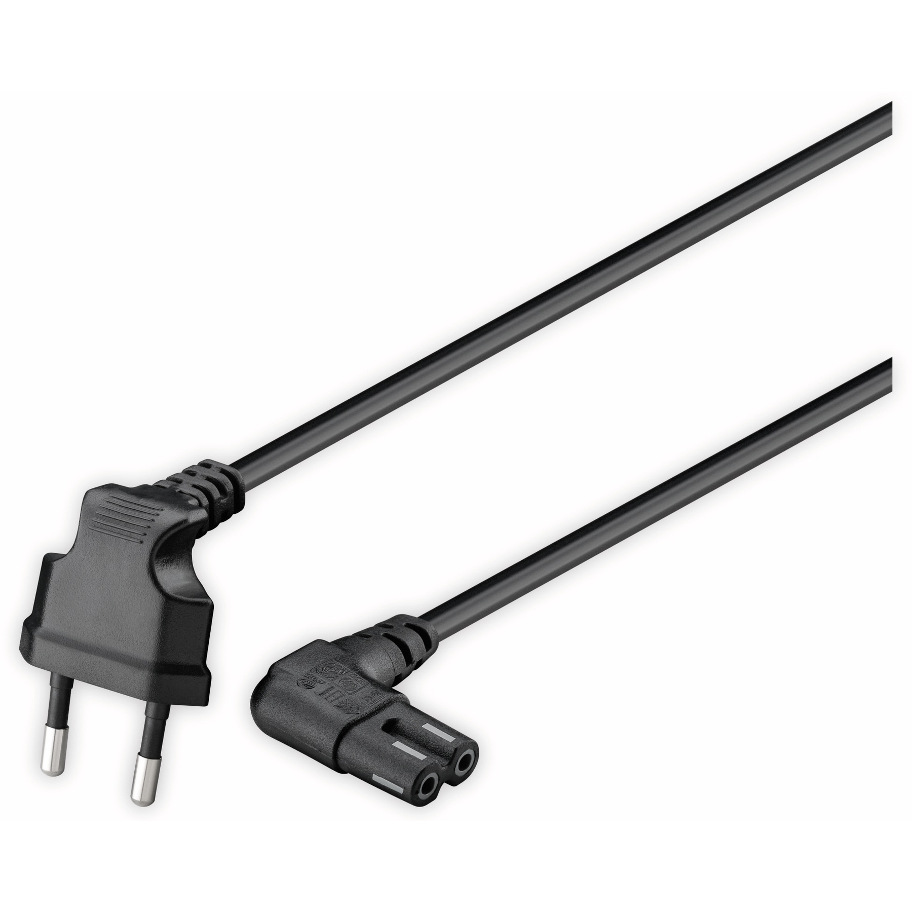 Two black power cords, one with a two-pin plug, the other with an angled connector.