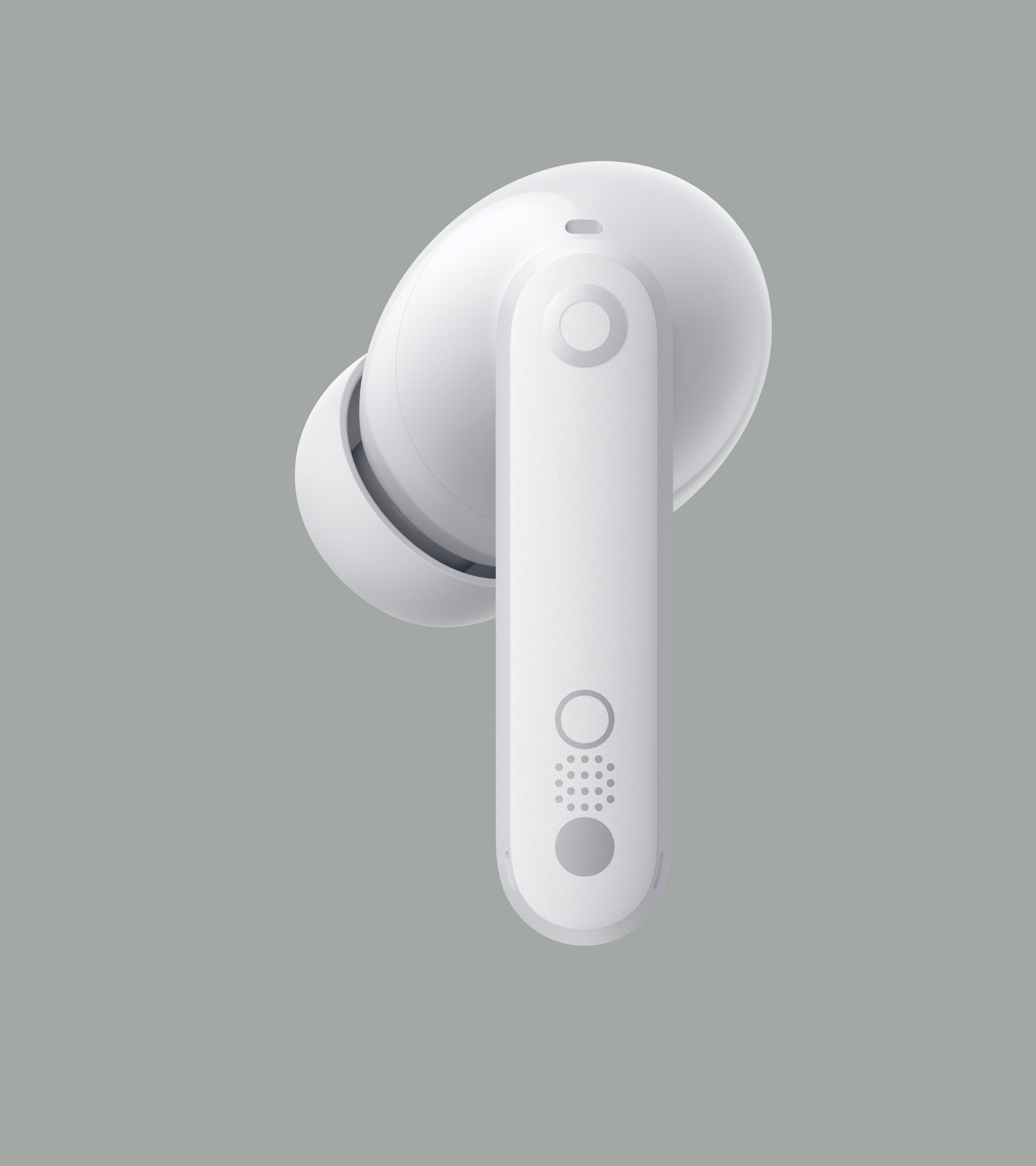 Auricular CMF by Nothing blanco, mostrando el diseño y detalles sobre un fondo gris.