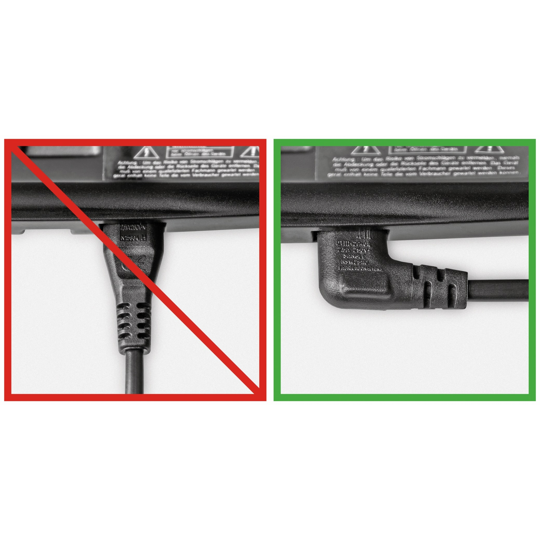 Two images showing the incorrect and correct way to connect a power cable.