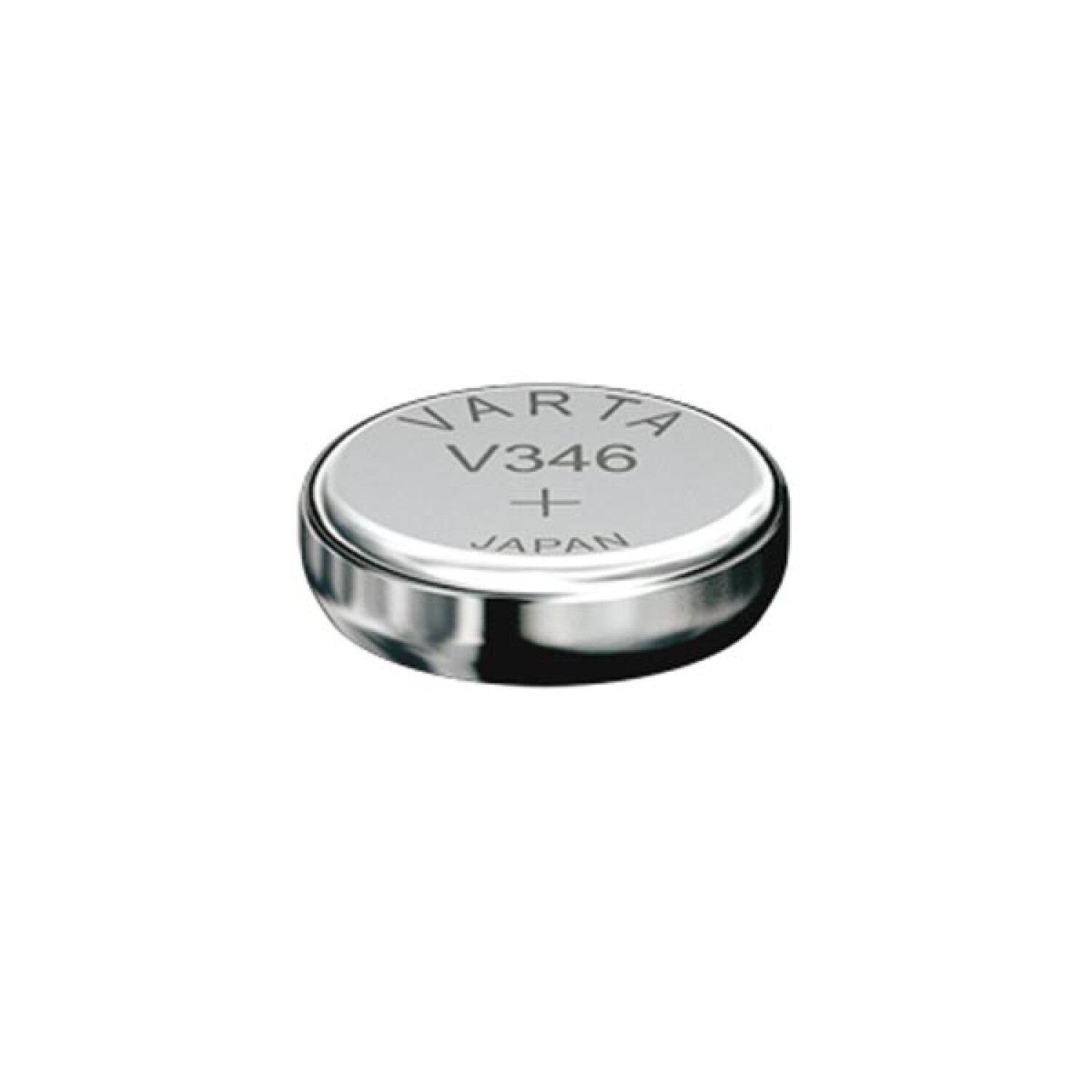 Una batteria Varta V346 argentata su sfondo bianco.