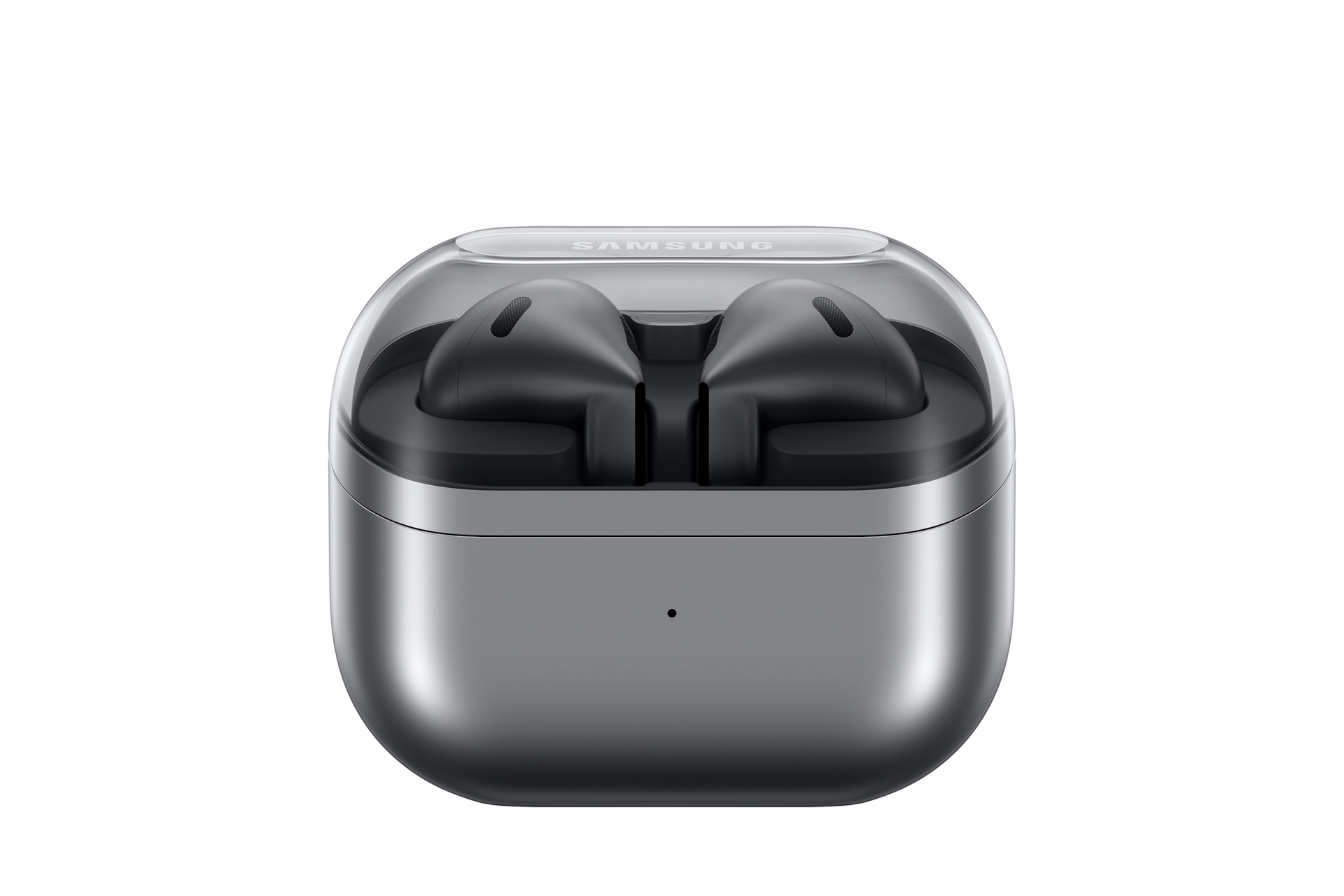 Auricolari grigi in un astuccio grigio. Sfondo bianco.
