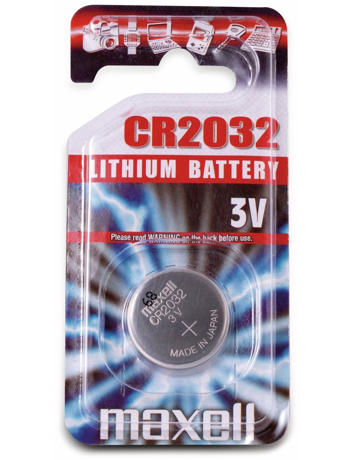 Bateria litowa CR2032 w blistrze. Niebieski i czerwony wzór.