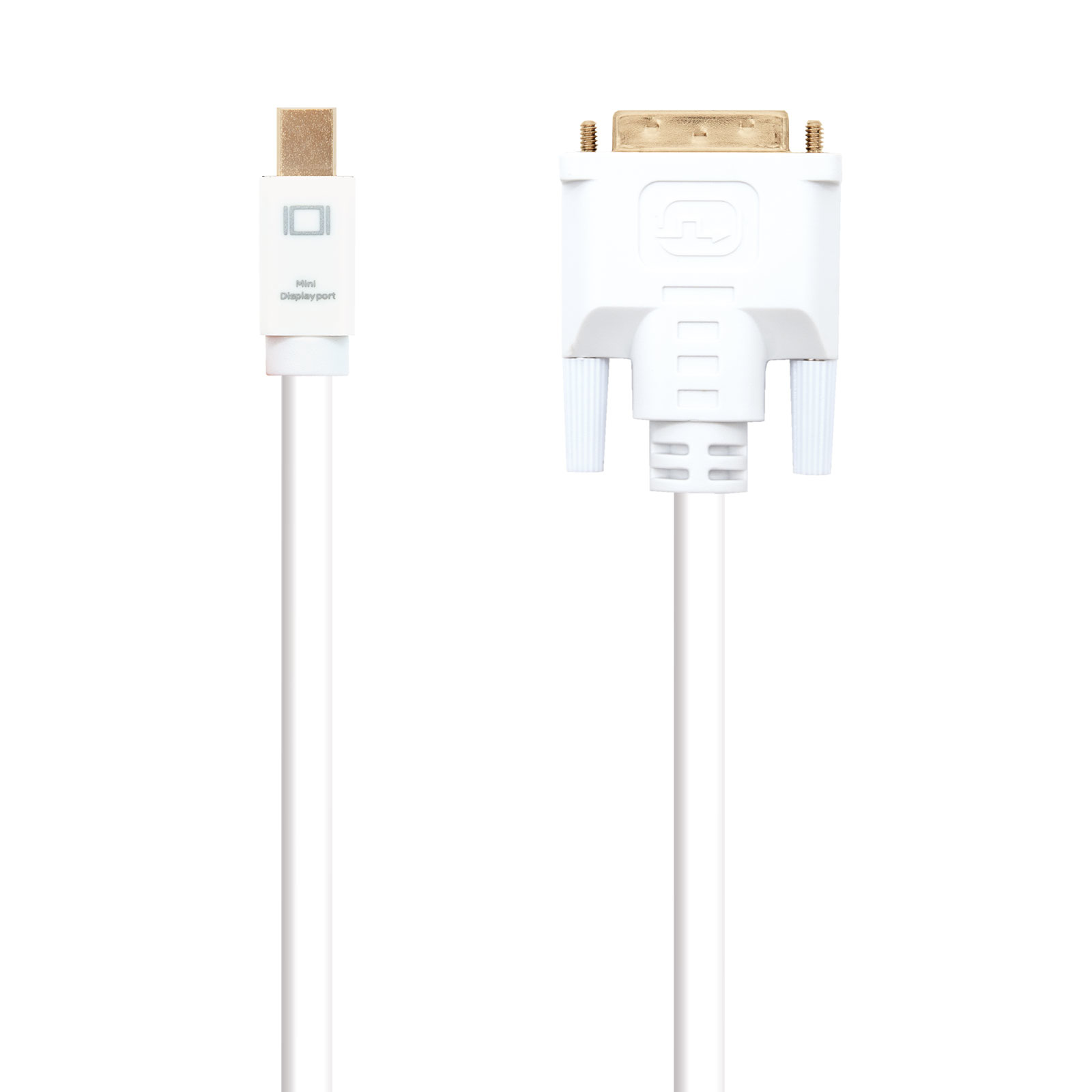 Cable blanco con conectores Mini DisplayPort y DVI-D. Fondo blanco.