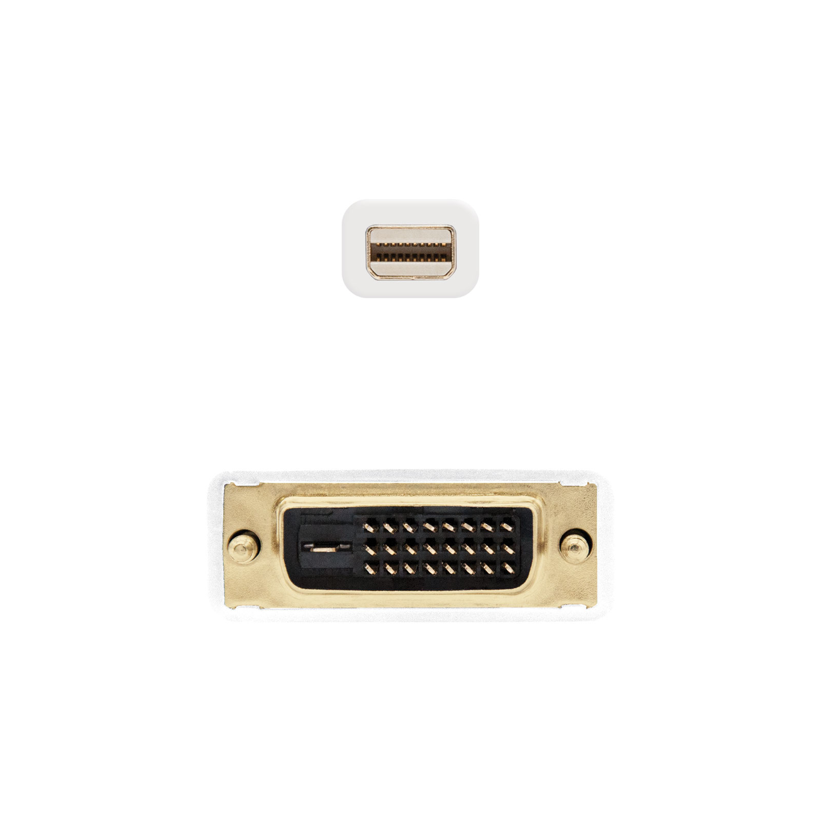 Cable blanco con conector DVI-D y Mini DisplayPort. Fondo blanco.