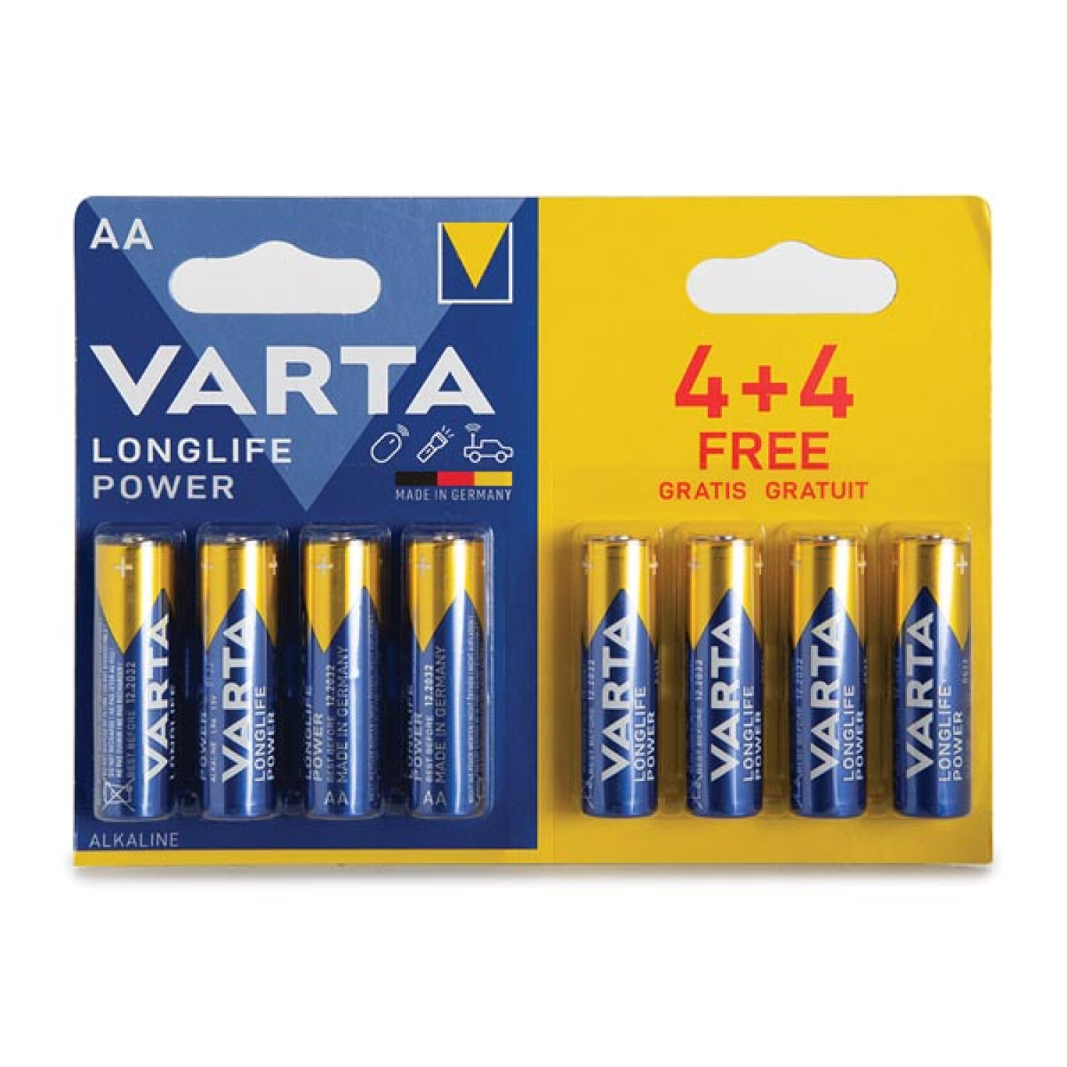 Dwa opakowania baterii AA Varta. Niebieskie i żółte opakowanie.