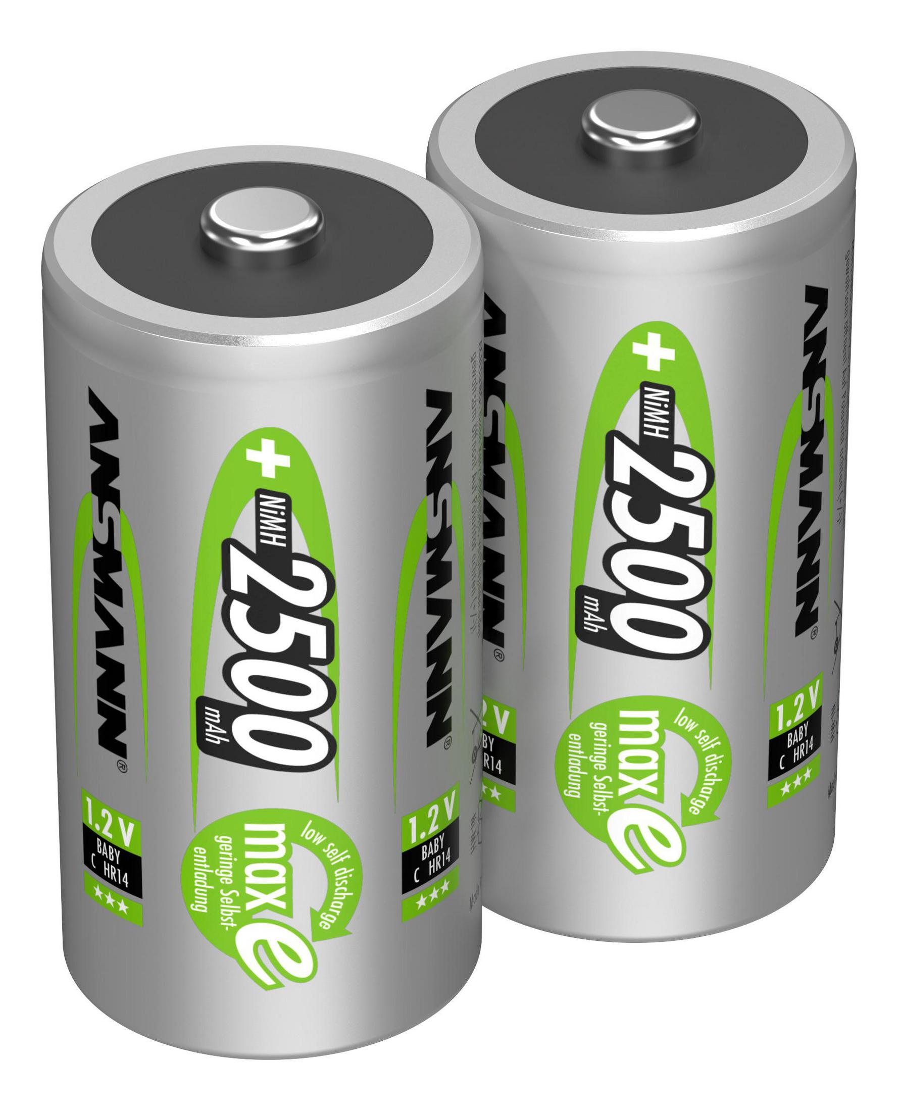 Due batterie ricaricabili Ansmann da 2500 mAh. Etichette verdi e bianche. Involucro argentato.