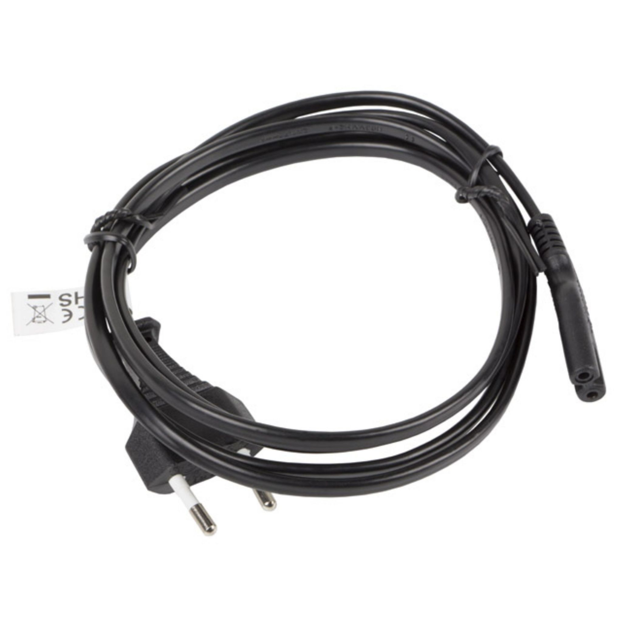 Black power cable with EU plug and IEC connector. The cable is coiled.