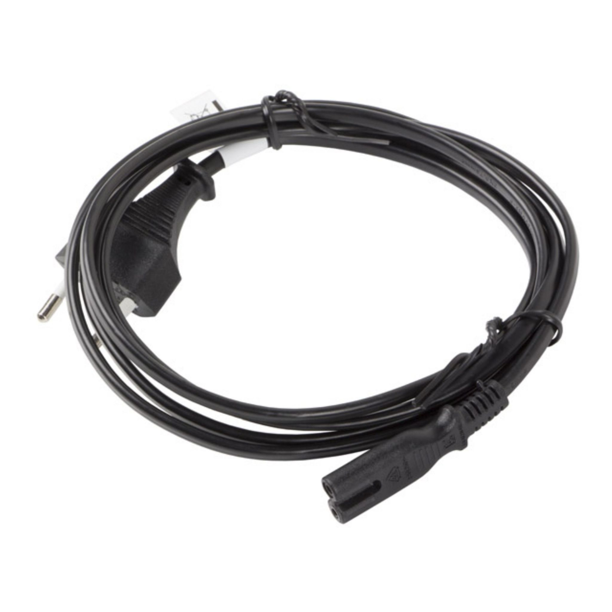 Black power cable with EU plug and IEC connector. The cable is coiled.