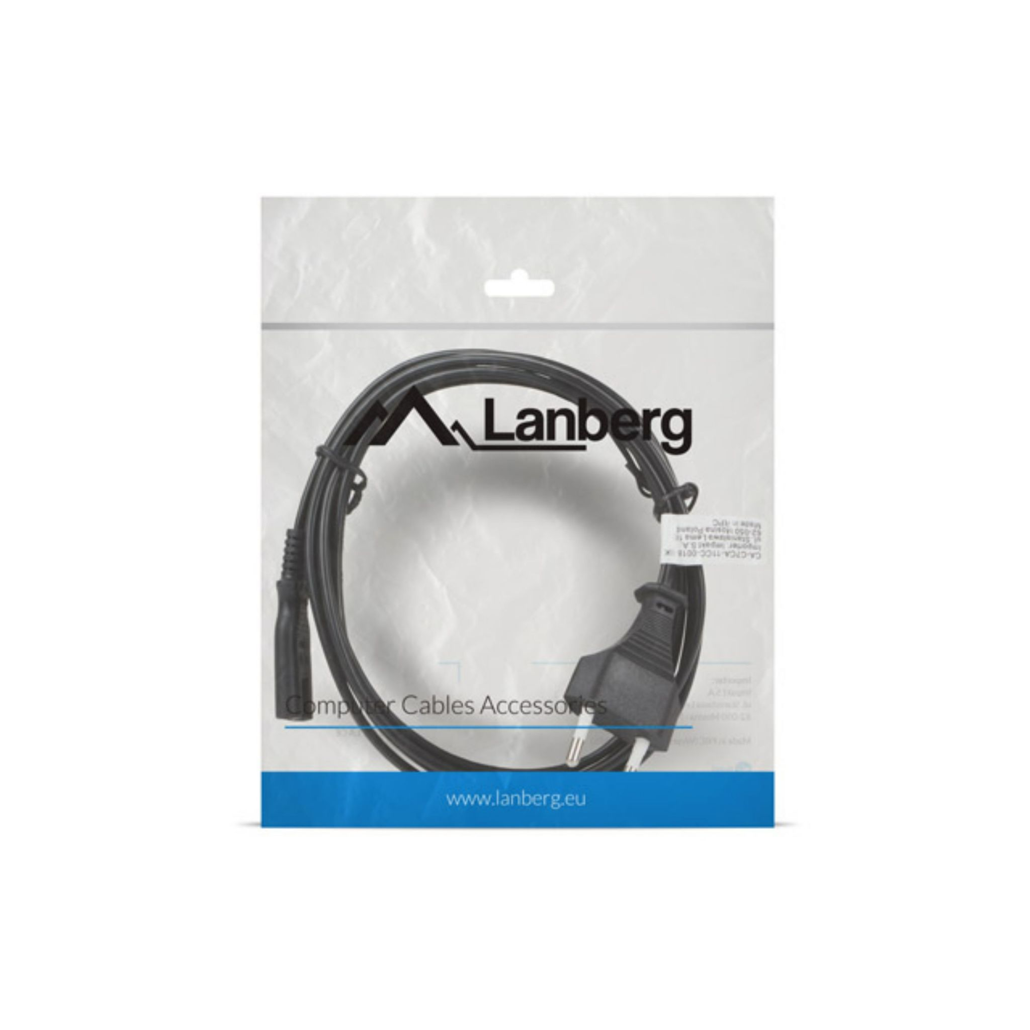 Black computer cable in a clear plastic bag. The Lanberg logo is visible.