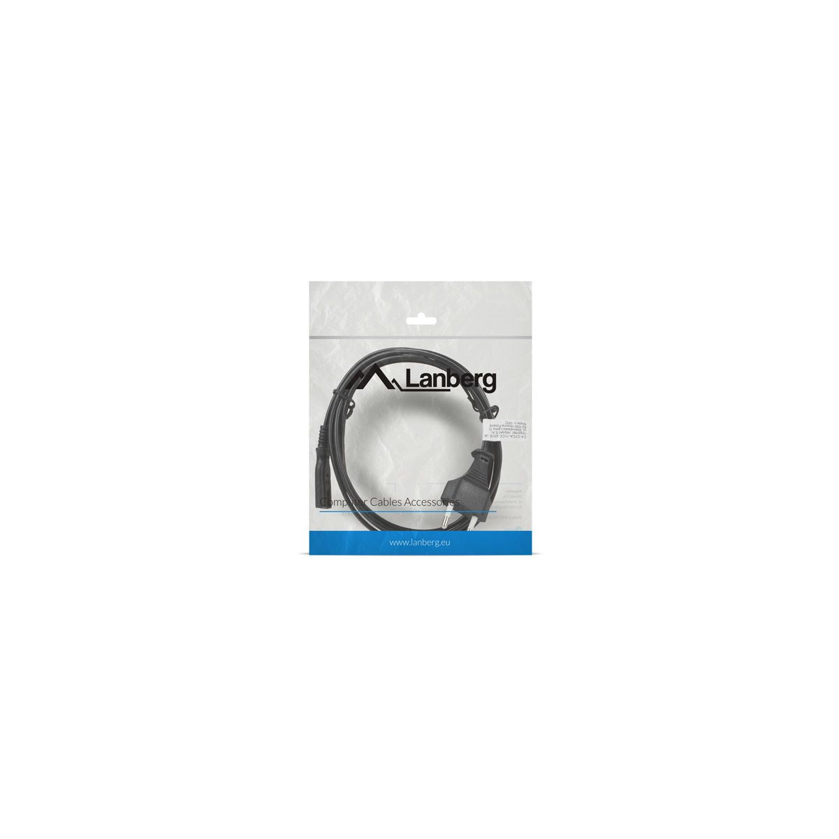 Black computer cable in a clear plastic bag. The Lanberg logo is visible.