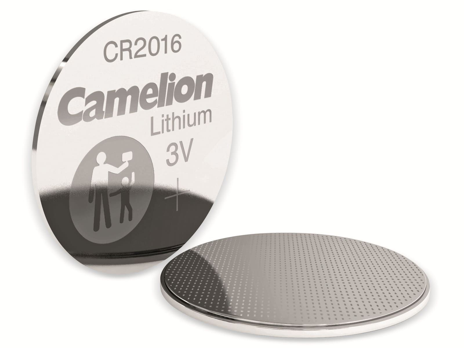 Due batterie rotonde argentate etichettate 'CR2016 Camelion Lithium 3V' con un disegno.
