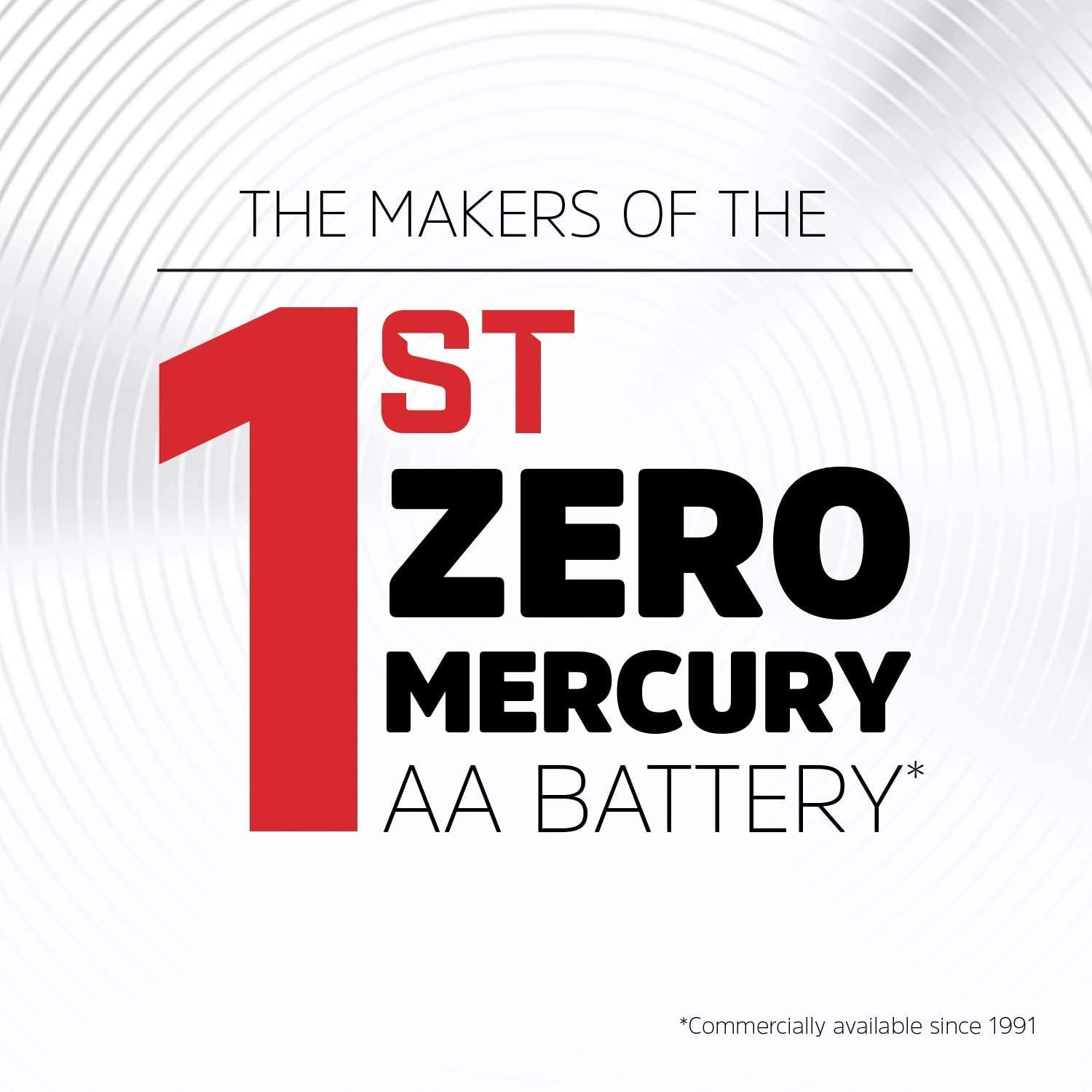 Tekst na białym tle z czerwoną cyfrą 1. Tekst mówi '1st Zero Mercury AA Battery'.