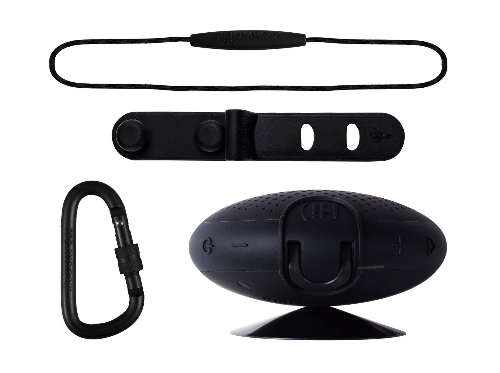 Czarne akcesoria do głośników: pasek, uchwyt montażowy i karabińczyk.