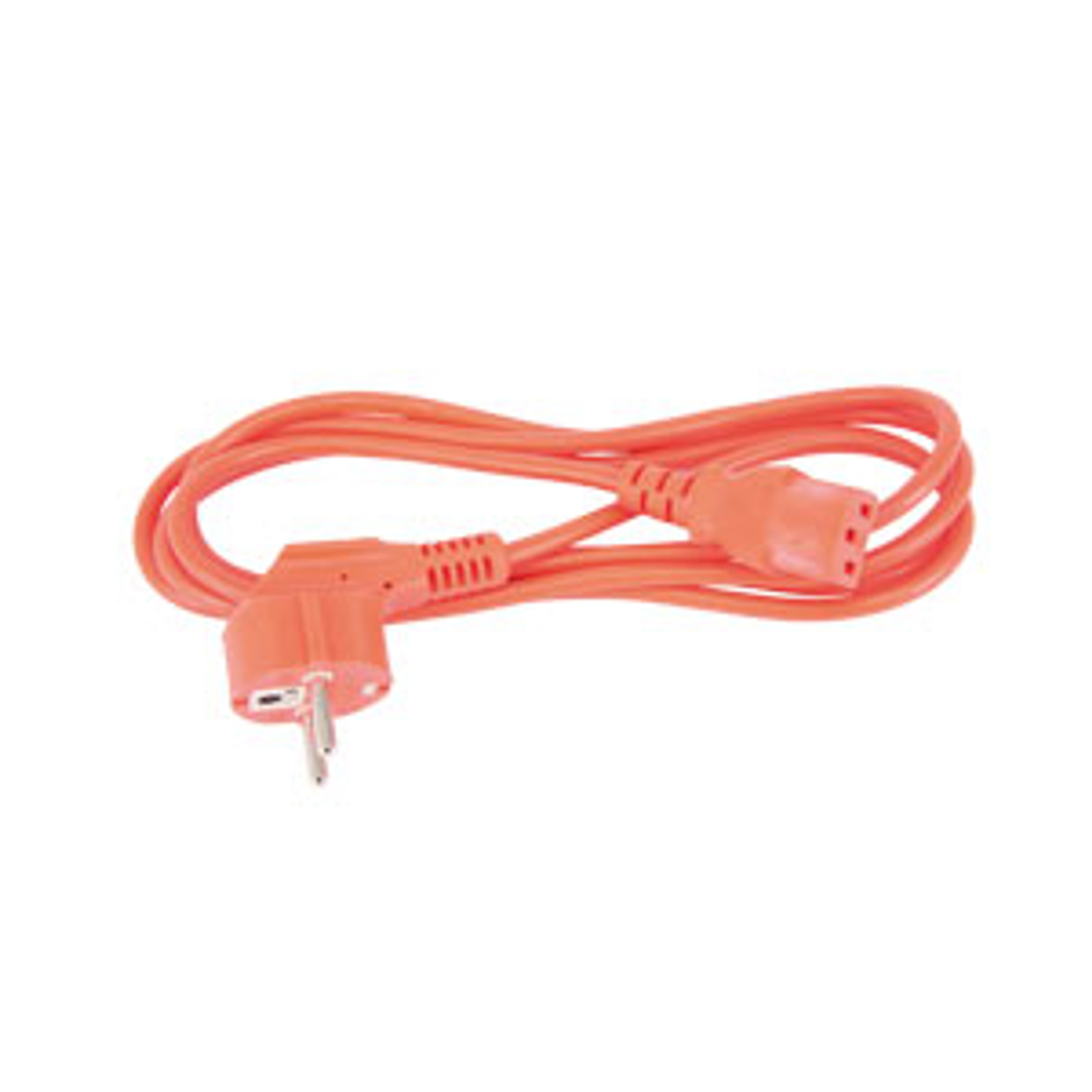 Pomarańczowy kabel zasilający z wtyczką EU i złączem C13, na białym tle.