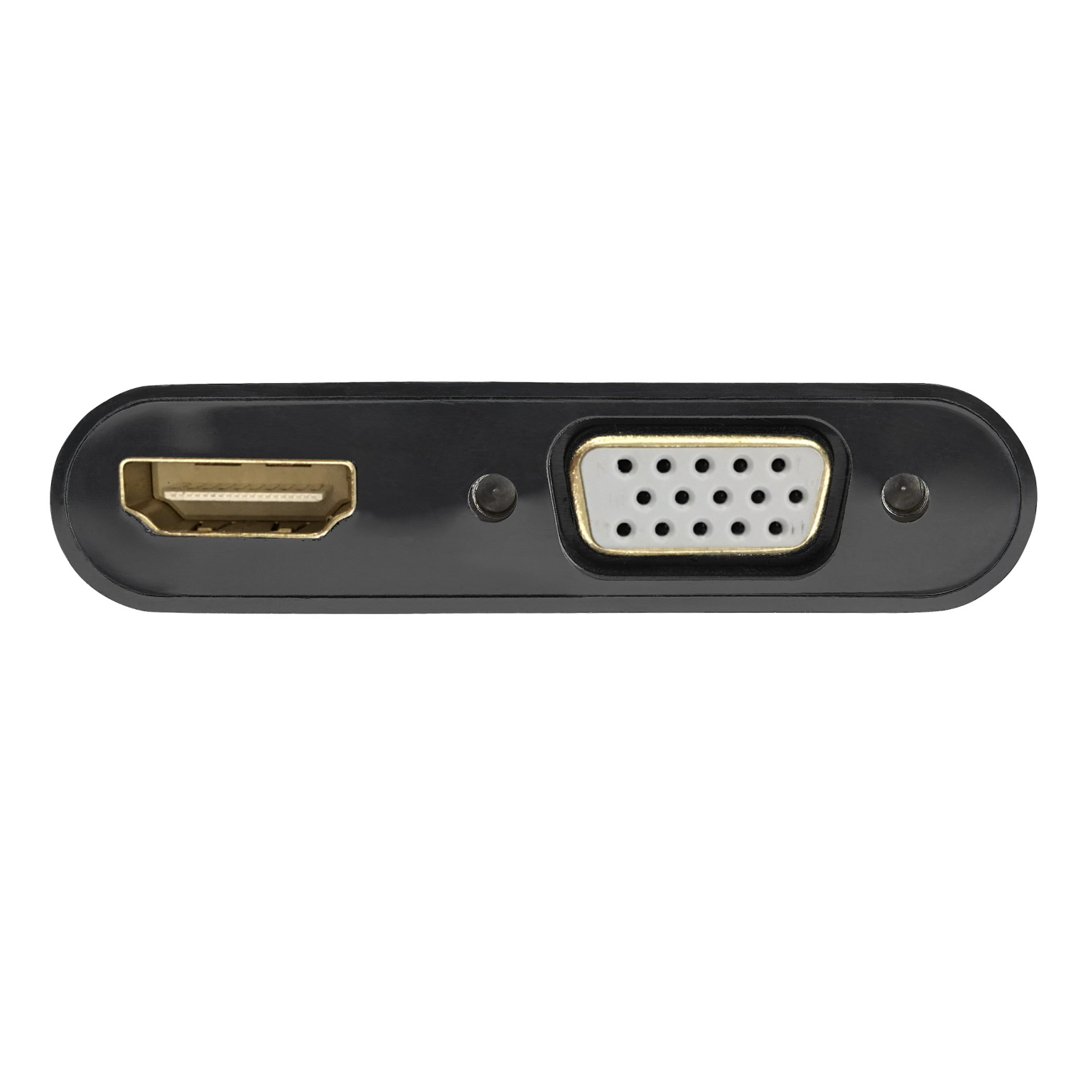 Czarny adapter z portami HDMI i VGA na białym tle.
