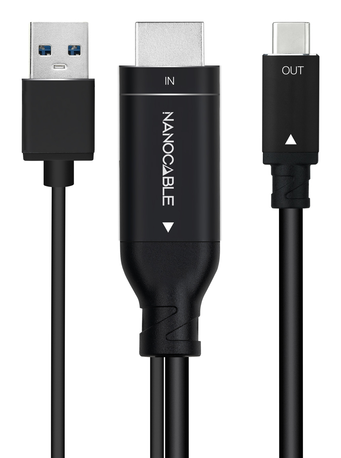 Nanocable negro con conectores USB, HDMI y USB-C, fondo blanco.