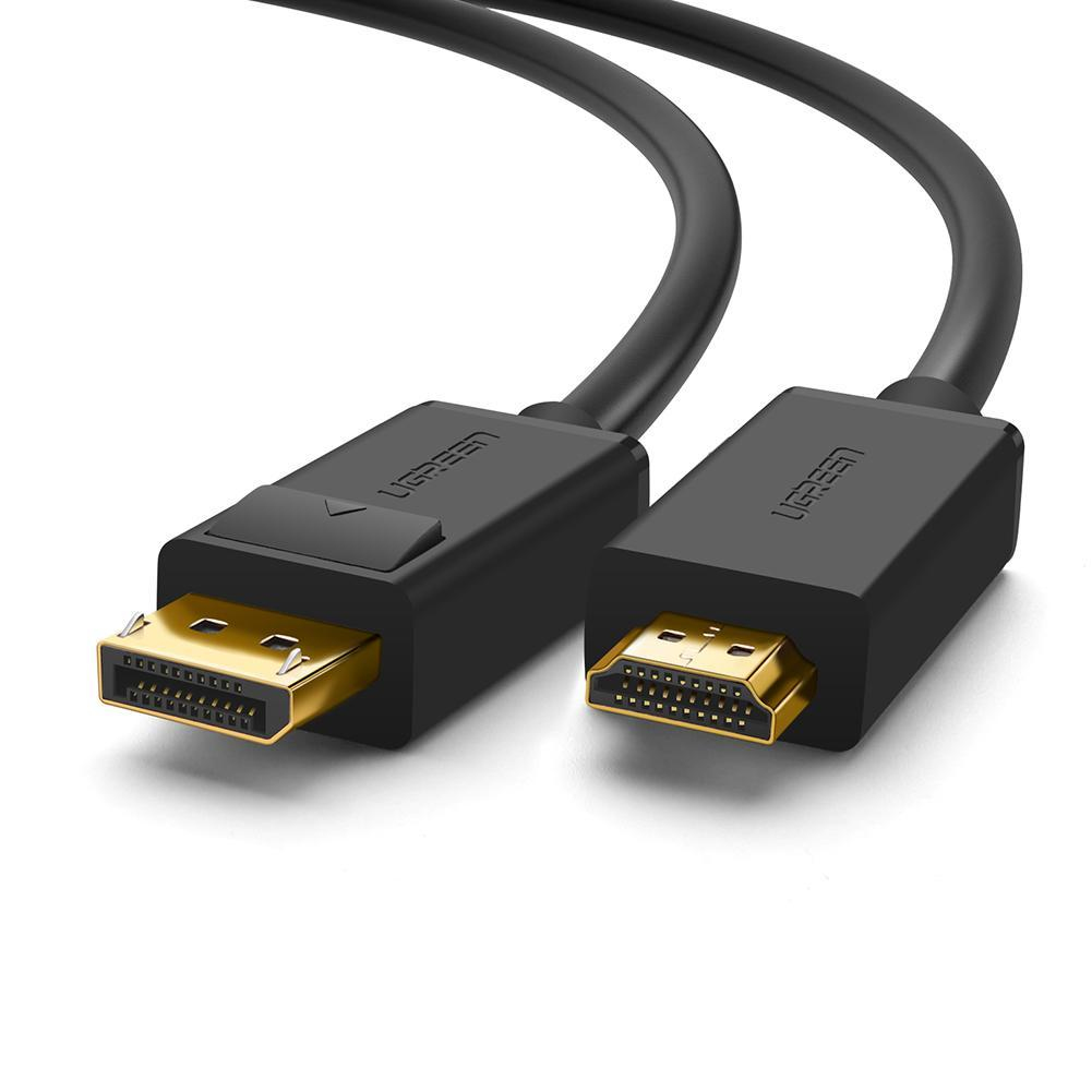 Czarny kabel DisplayPort do HDMI. Złącza czarne ze złotymi stykami.