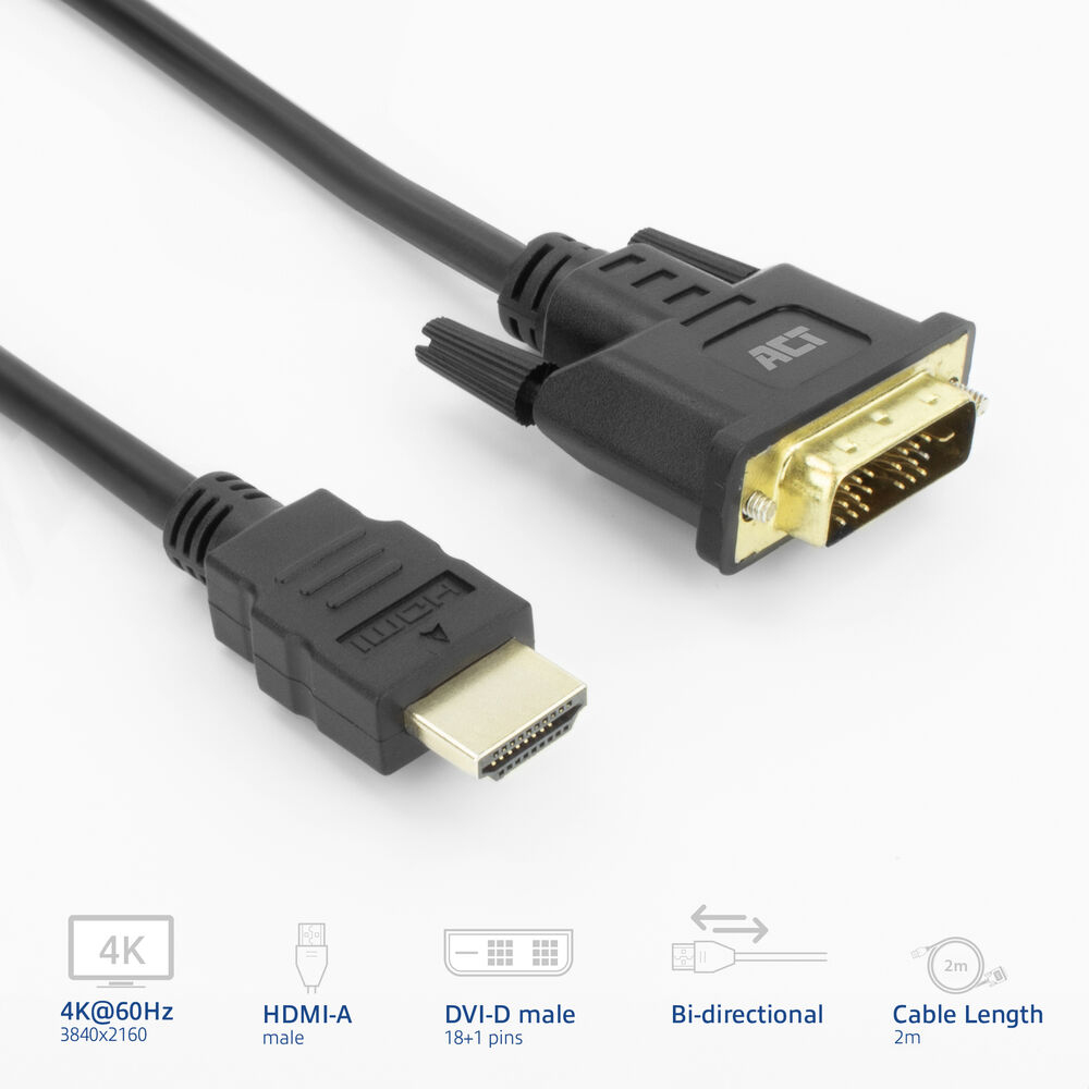 4K HDMI-Kabel mit HDMI-A- und DVI-D-Anschlüssen, 2m lang, mit Produktinfo.