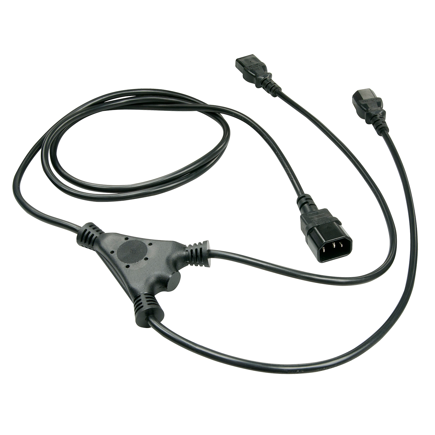 Un cavo splitter nero con tre connettori C13 su sfondo bianco.