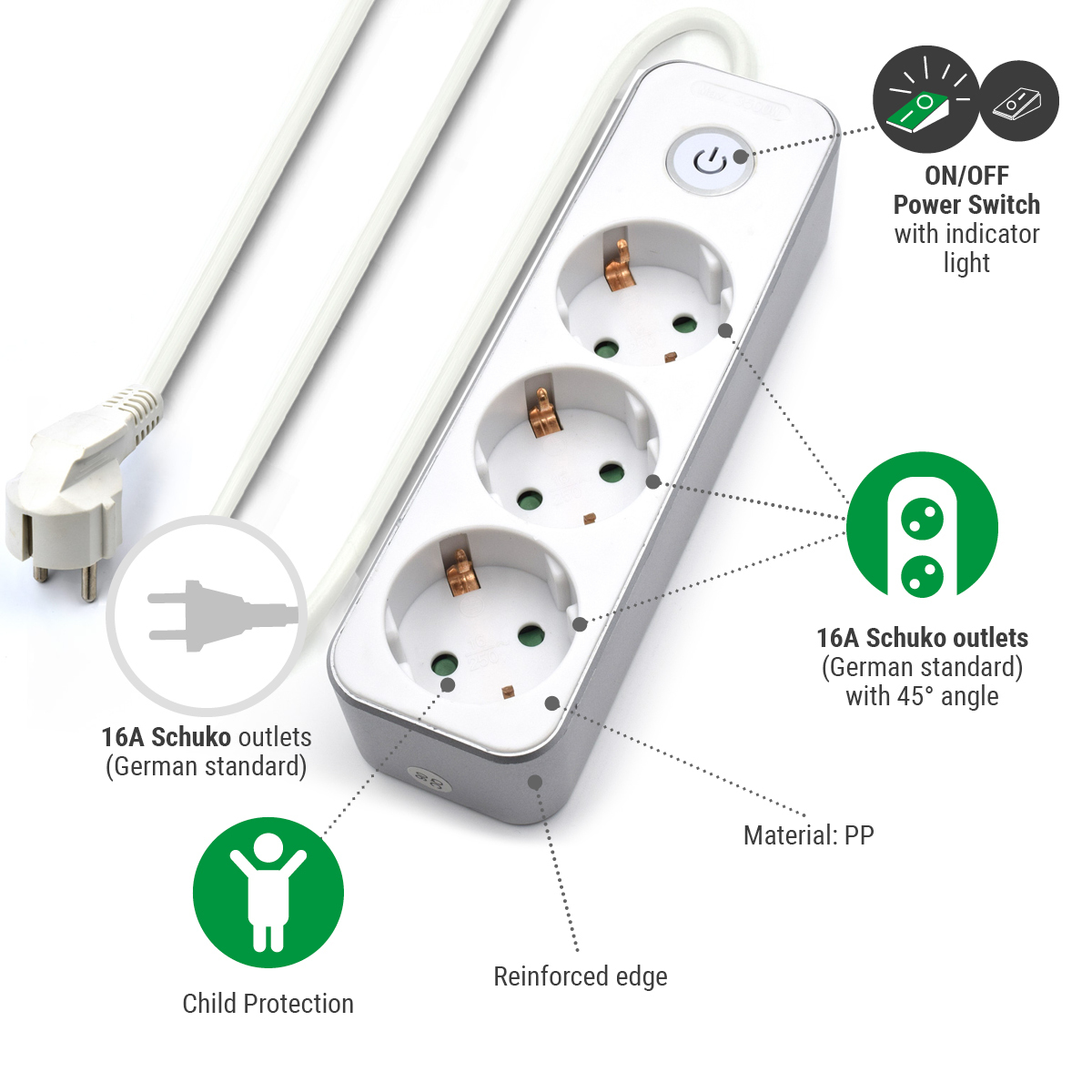 Silberne und graue Steckdosenleiste mit drei Steckdosen, einem Schalter und einem Stecker. Anmerkungen sind enthalten.