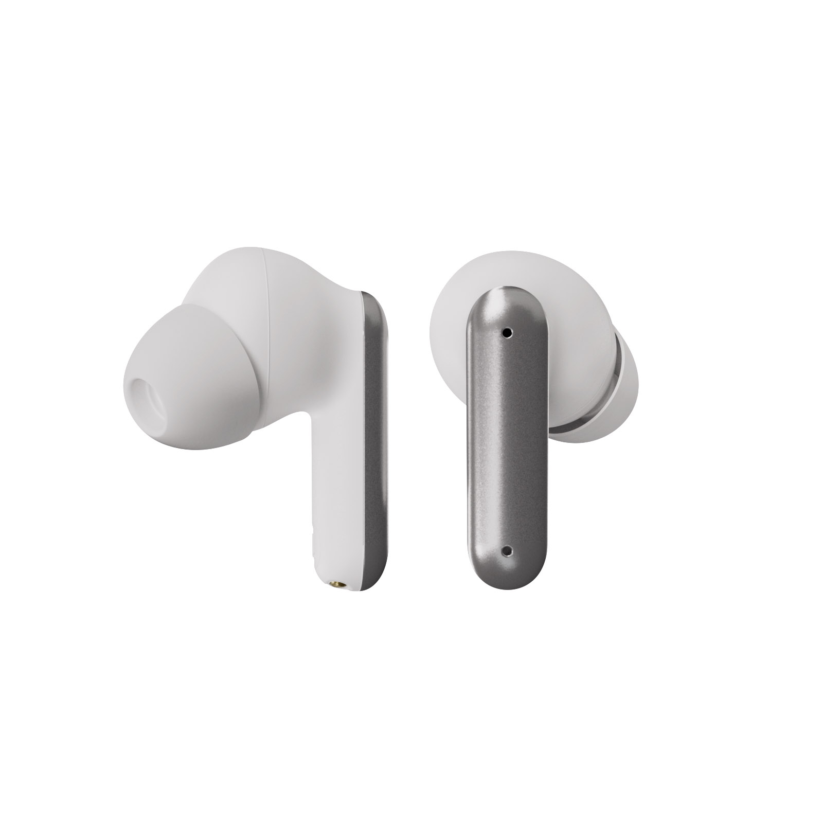 Dos auriculares inalámbricos blancos y grises. Tienen un diseño curvo con un acento plateado.
