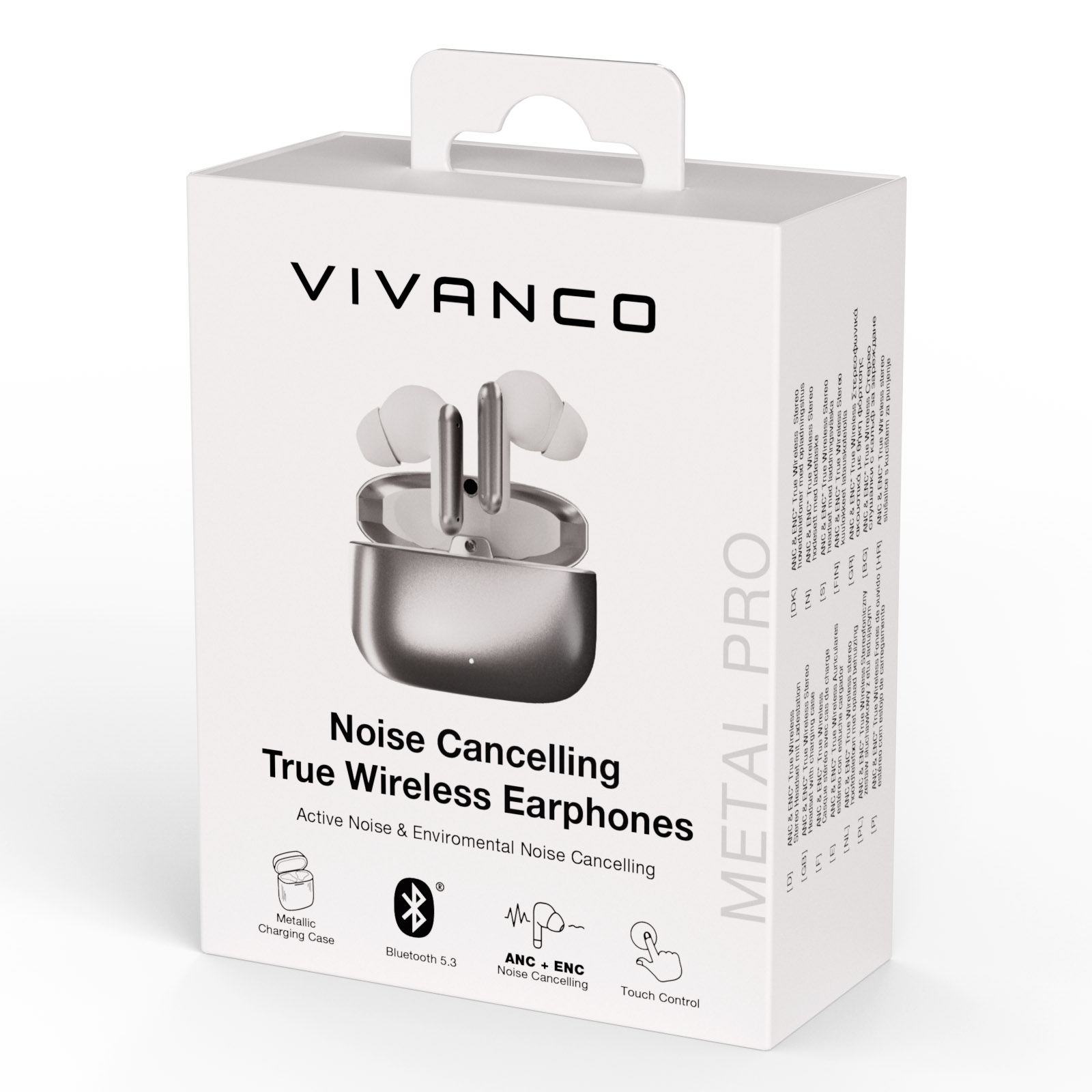 Caja blanca con un par de auriculares plateados y texto. El texto incluye 'Noise Cancelling' y 'True Wireless Earphones'.