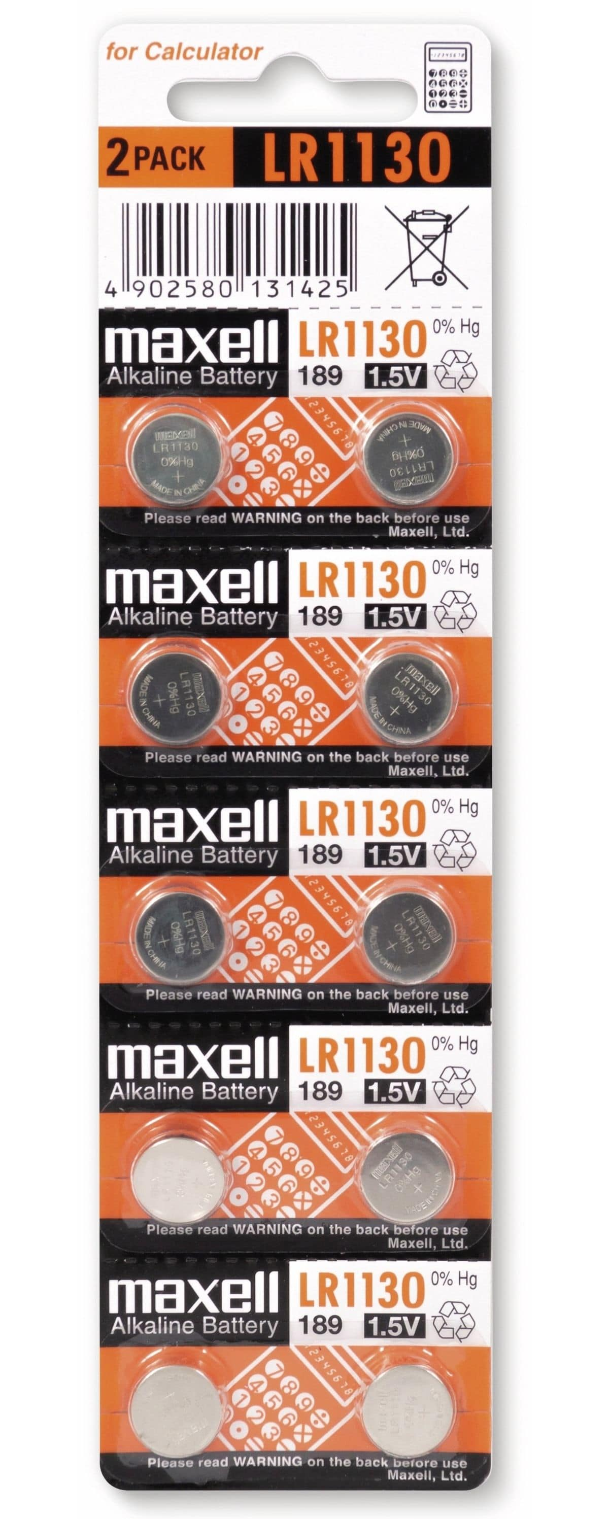 Un pacco di batterie Maxell LR1130. La confezione è arancione, bianca e nera.
