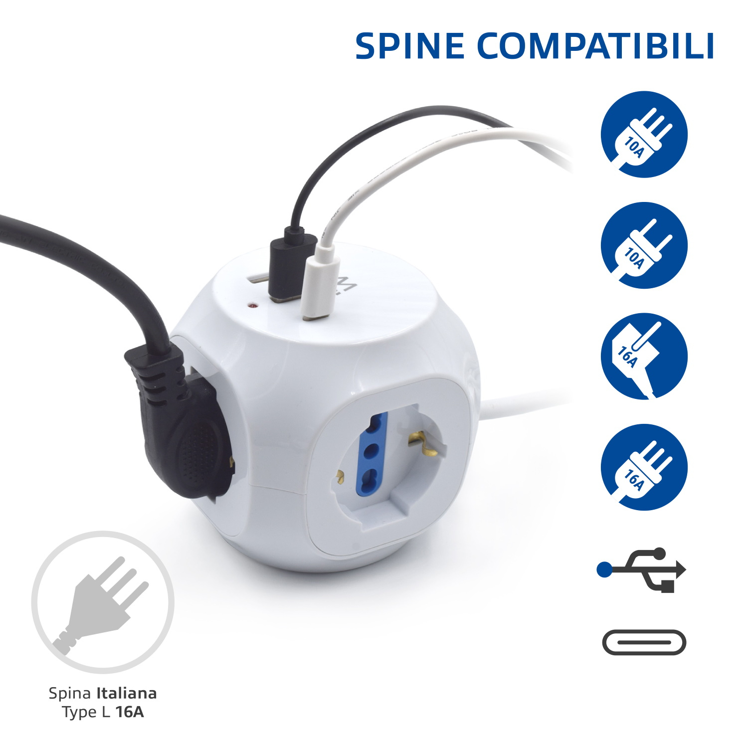 Weißer Würfel-Netzadapter mit mehreren Steckern und USB-Anschlüssen. Stecker-Icons.