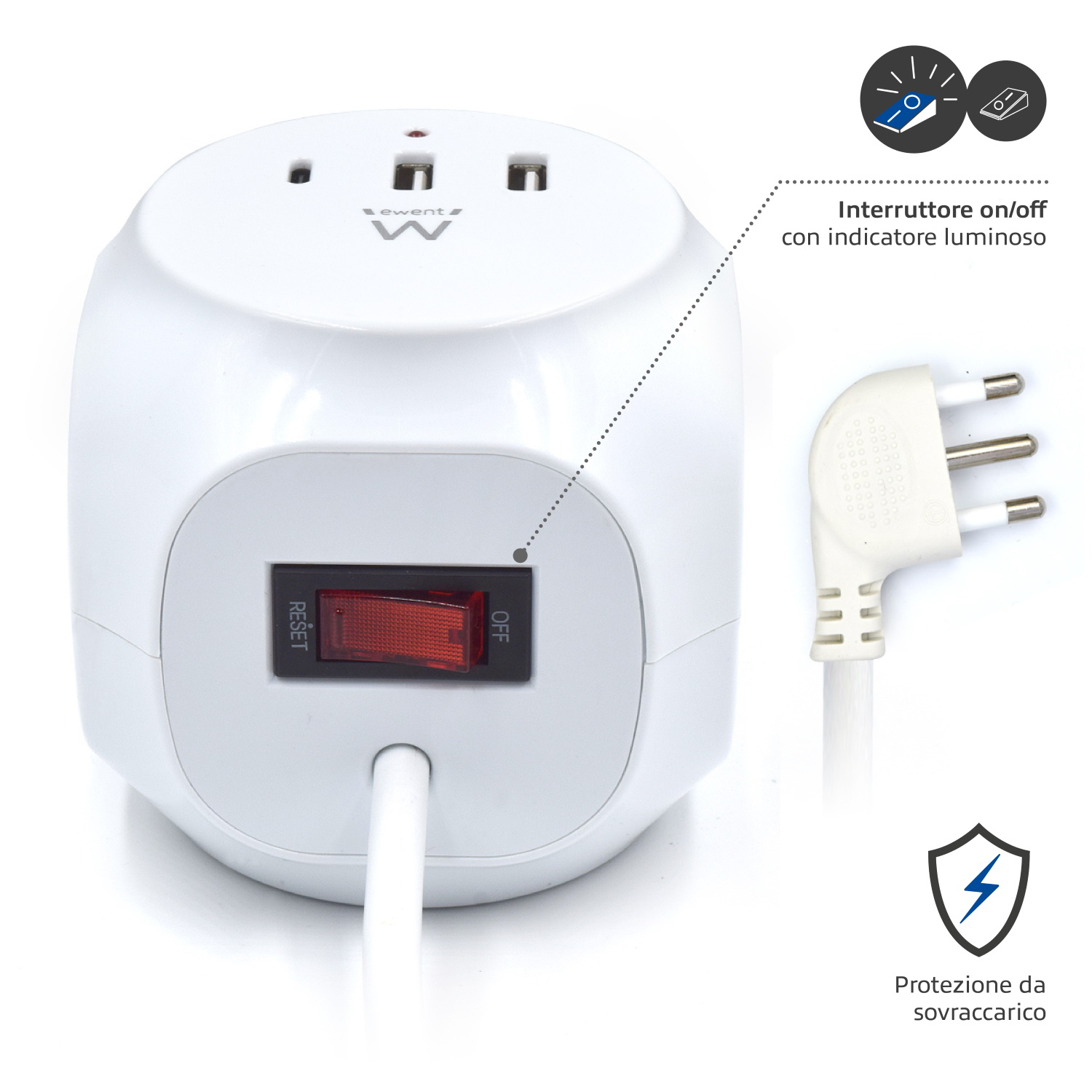Weißer Würfel-Netzadapter mit rotem Schalter und italienischem Stecker. Schutz-Icons.