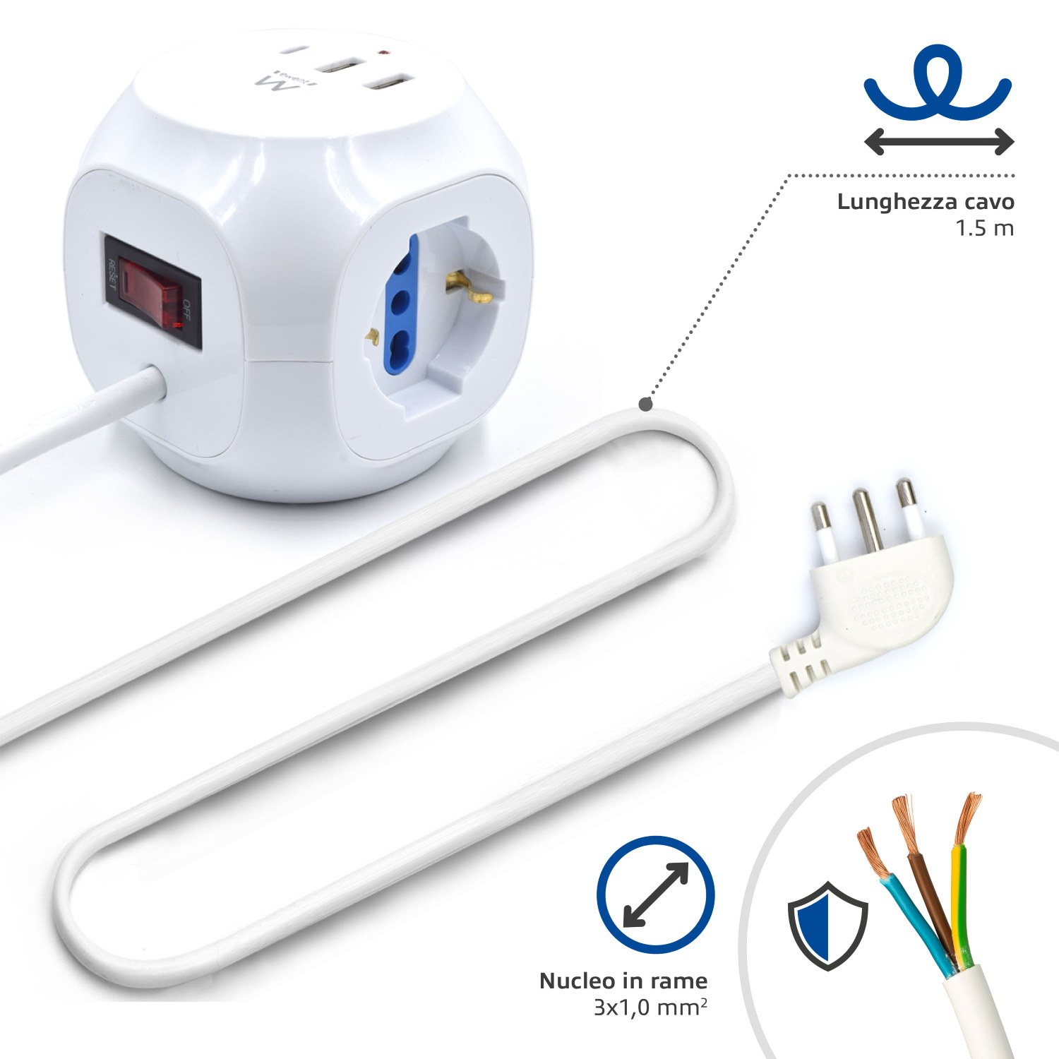 Eine weiße Würfel-Steckdosenleiste mit Stecker und weißem Kabel. Textblasen zeigen Details.