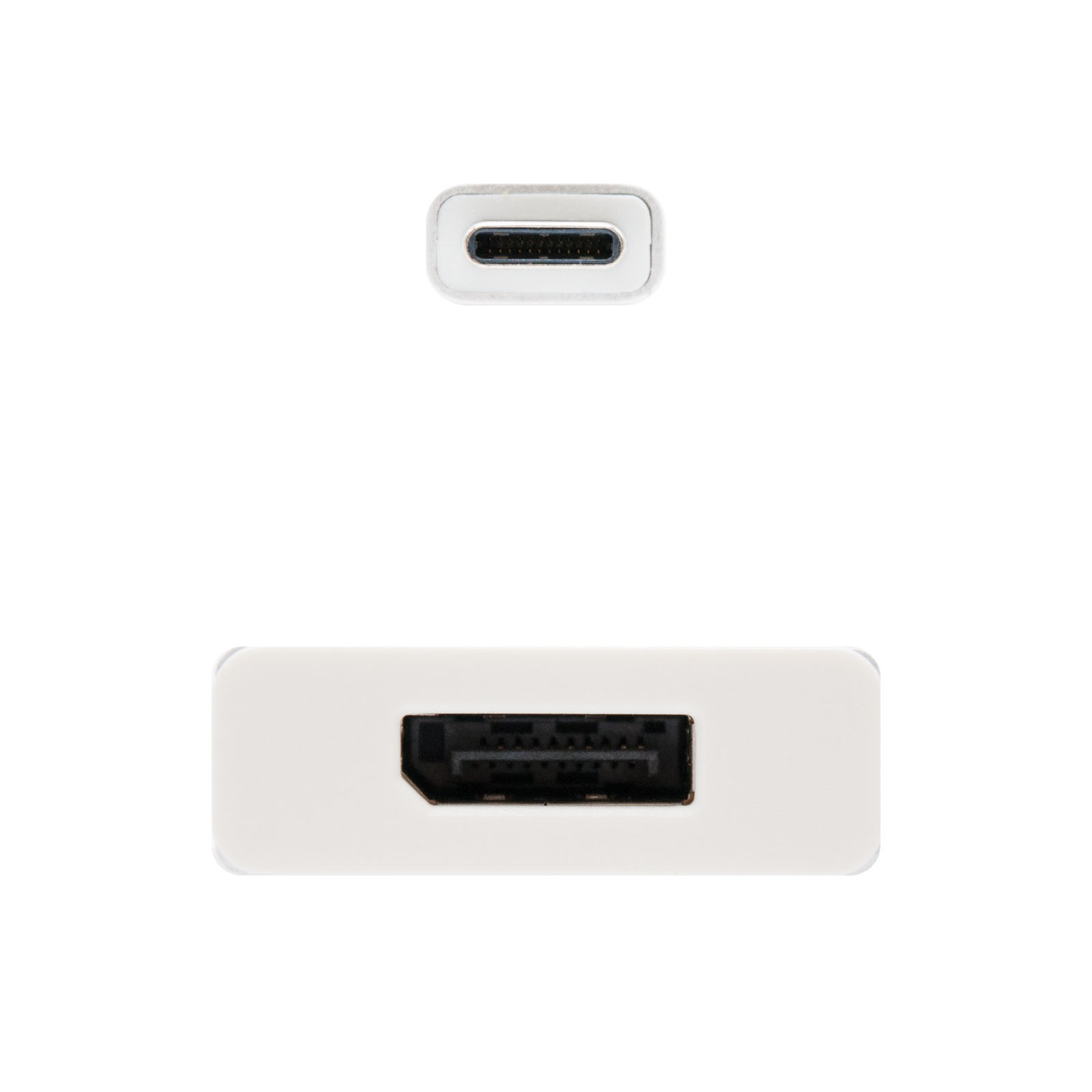 Adaptador blanco con conectores USB-C y HDMI. Aislado sobre fondo blanco.