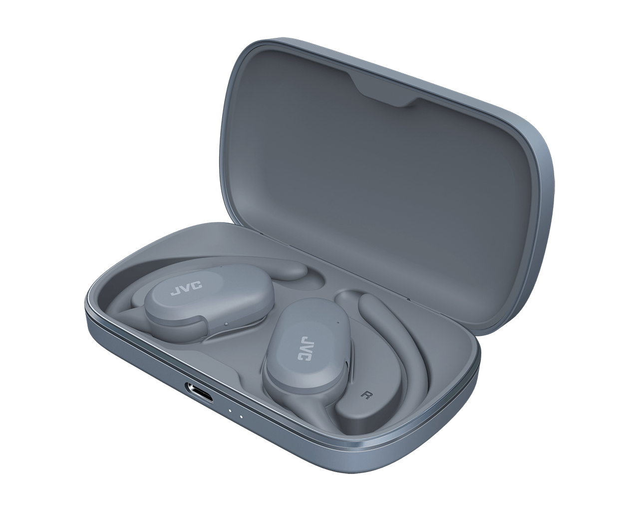 Szare słuchawki JVC w otwartym etui. Etui jest szare, z portem USB.