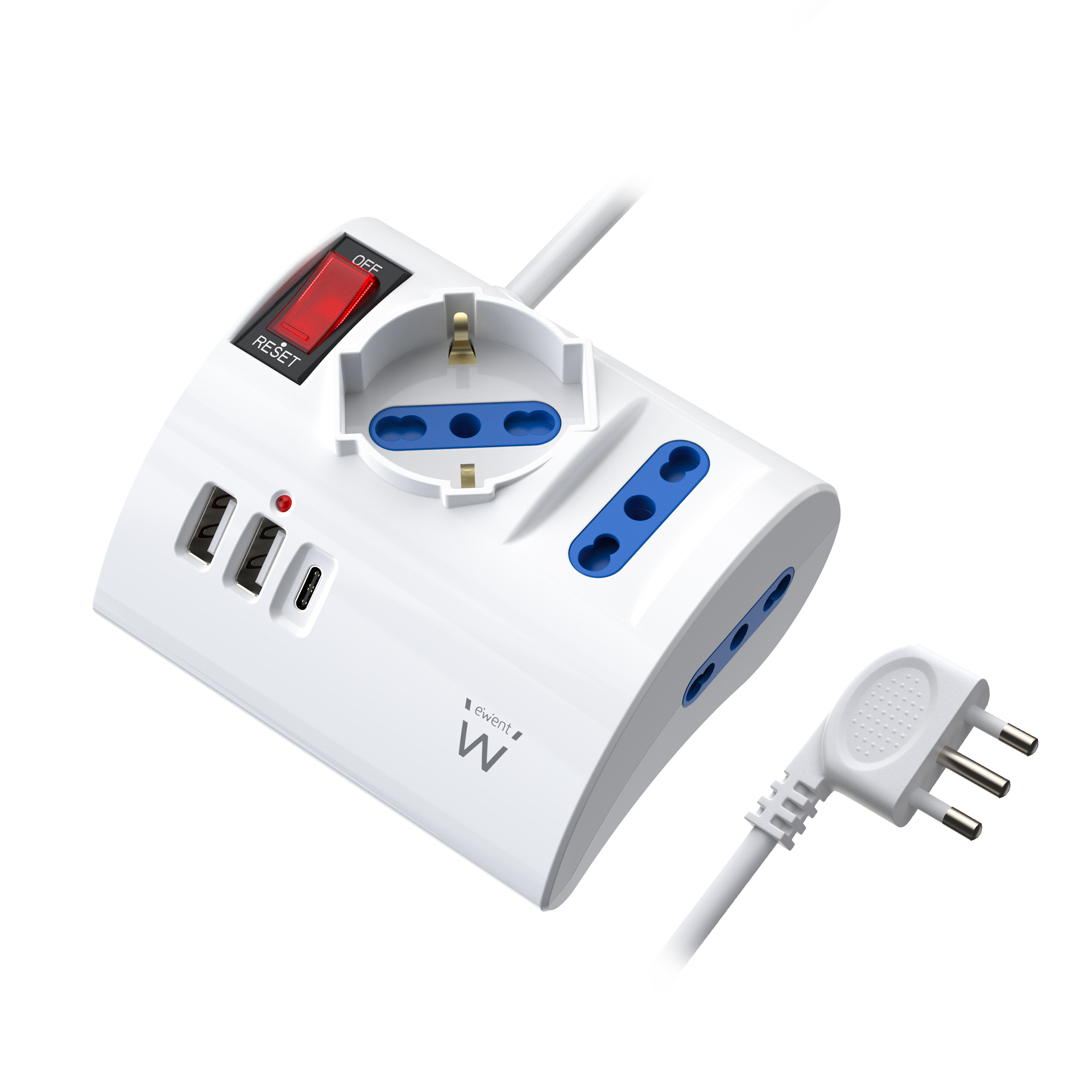 Biała listwa zasilająca, kątowa, z gniazdami, przyciskiem zasilania, portami USB i białą wtyczką.