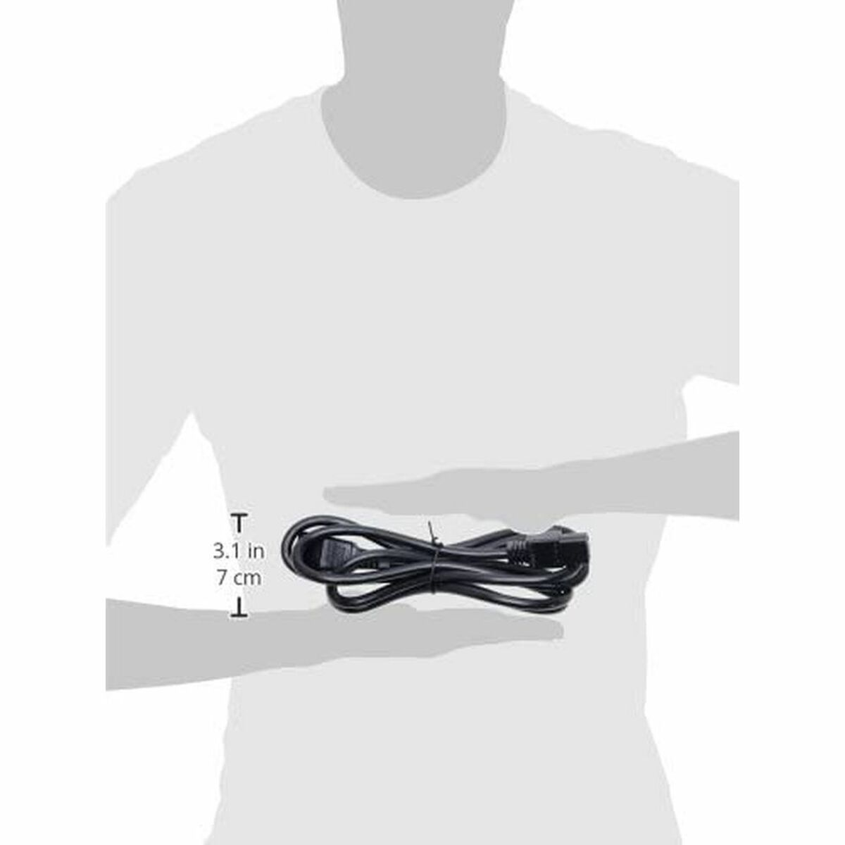 Osoba trzymająca czarny przewód zasilający, 7 cm wysokości.