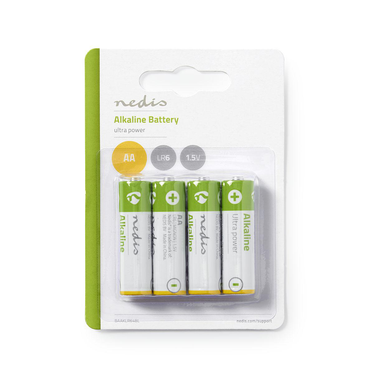 Vier AA Nedis Alkaline batterijen in een blisterverpakking. Groen en wit met zwarte tekst.