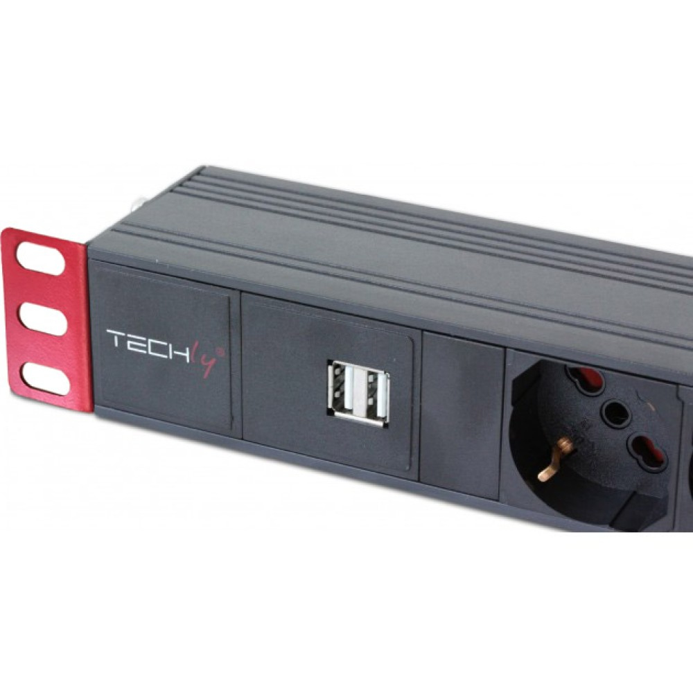 Una ciabatta nera con staffe di montaggio rosse e due porte USB, marchio 'TECHly'.