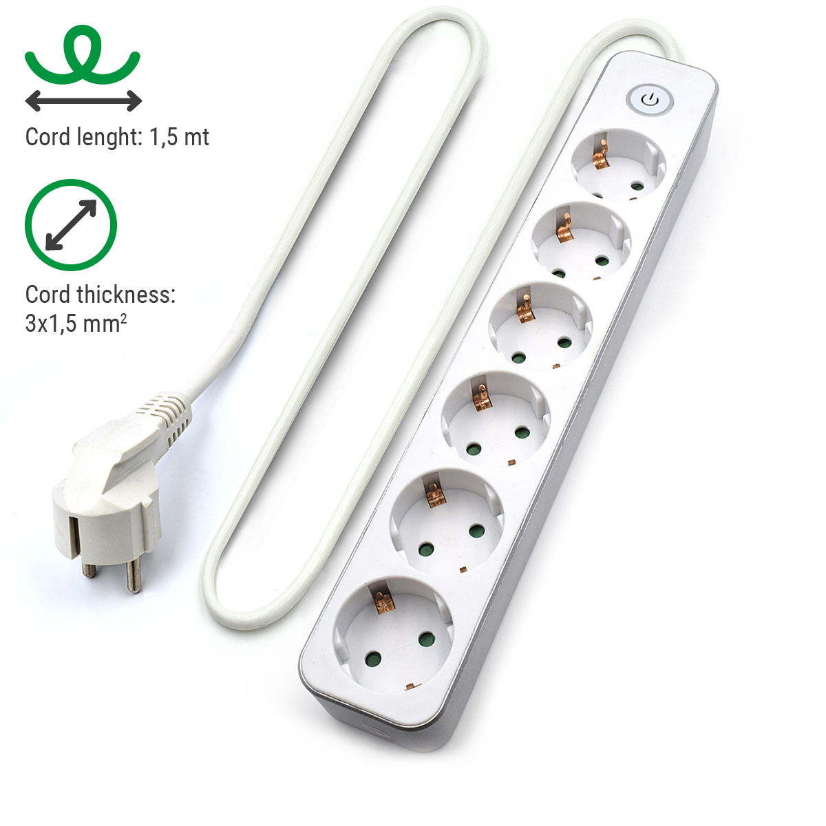 Eine Steckdosenleiste mit sechs Steckdosen, einem weißen Kabel und Markierungen zur Kabellänge, alles auf weißem Hintergrund.