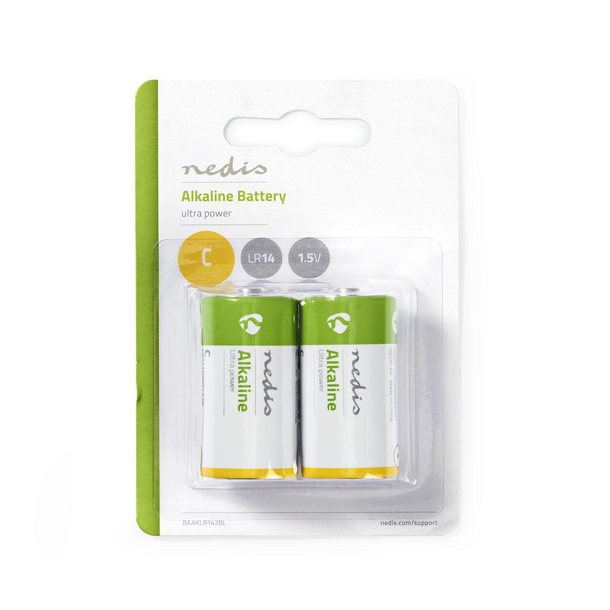 Dwie baterie C w opakowaniu. Są zielone i białe, a opakowanie ma zielono-białą etykietę.