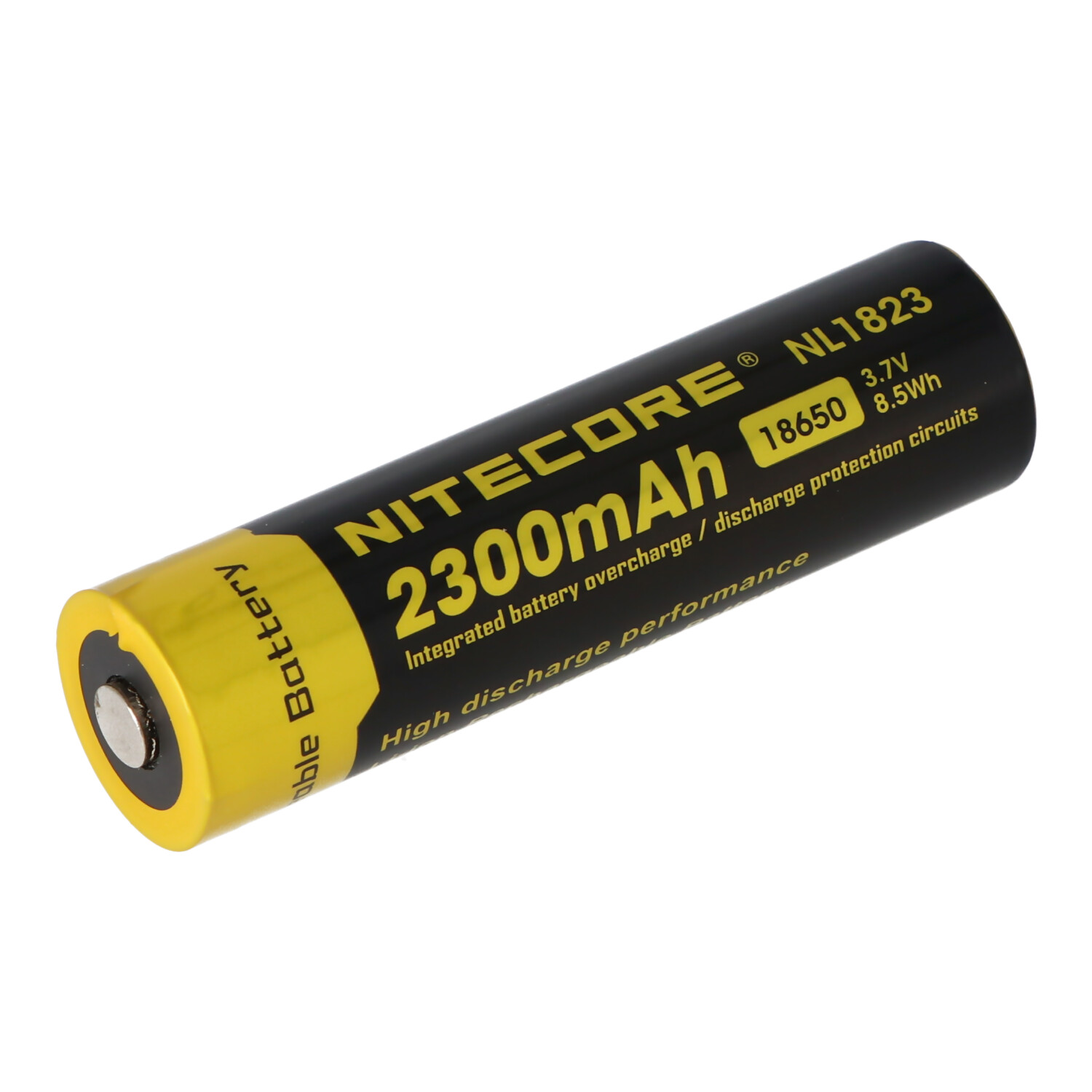 Eine schwarz-gelbe NITECORE 2300mAh 18650 Batterie.