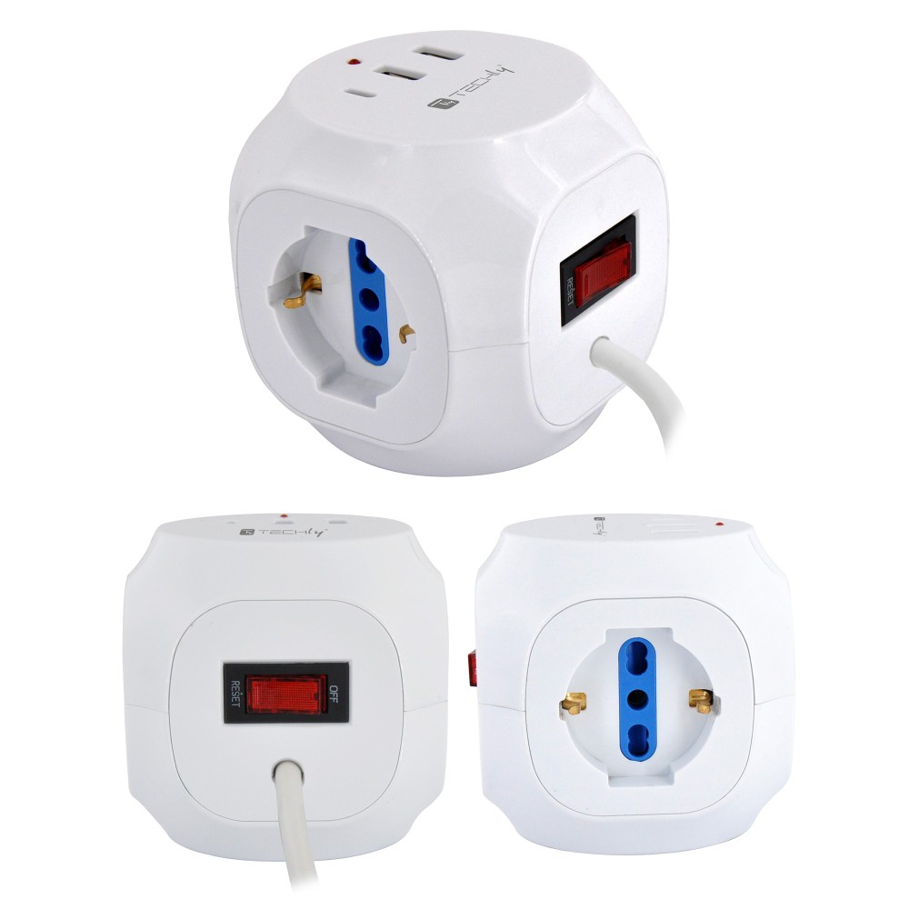 Multipresa a cubo bianca con prese, porte USB e un interruttore rosso. Sono mostrate più viste.